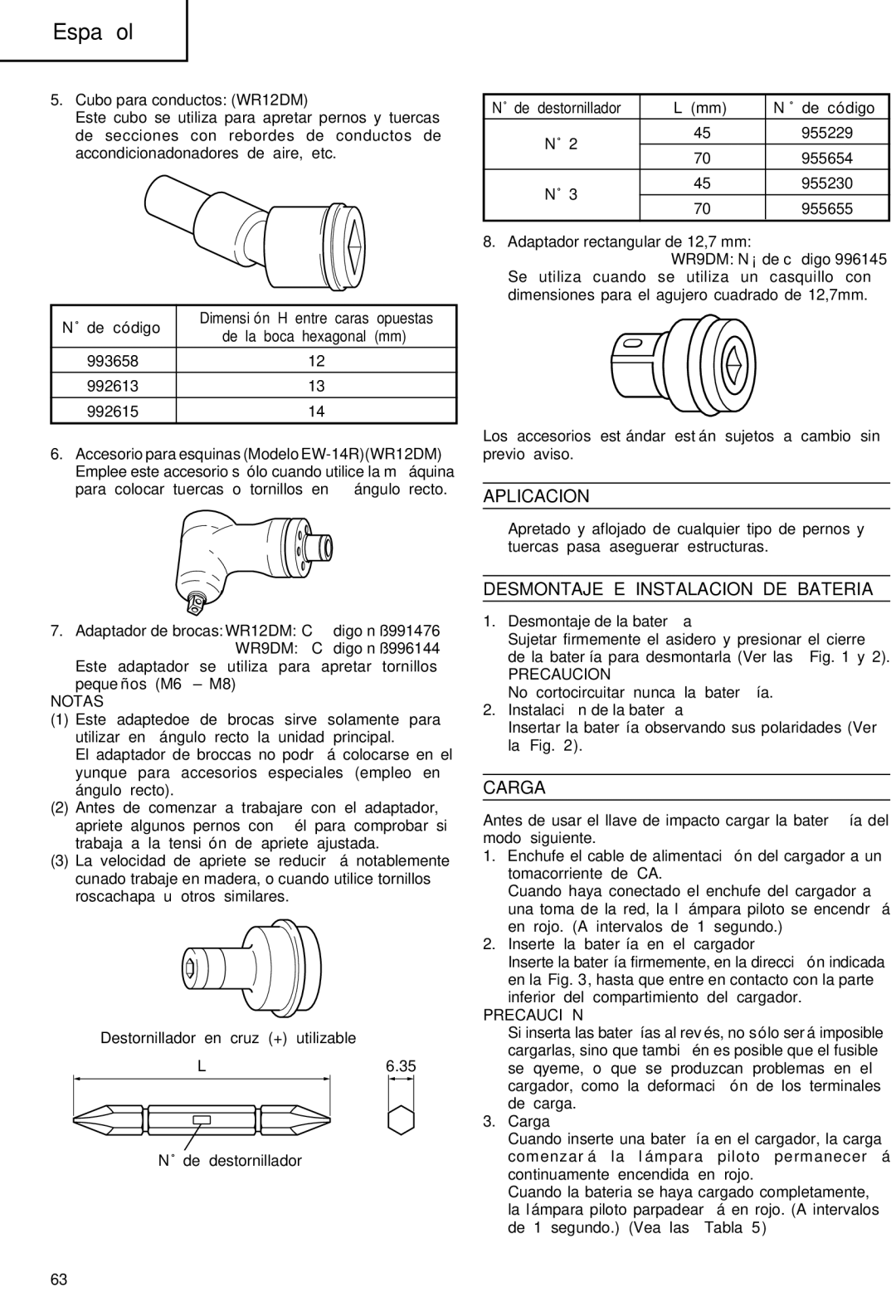 Hitachi WR 9DM, WR 12DM manual Aplicacion, Desmontaje E Instalacion DE Bateria, Carga, Notas, Precaución 