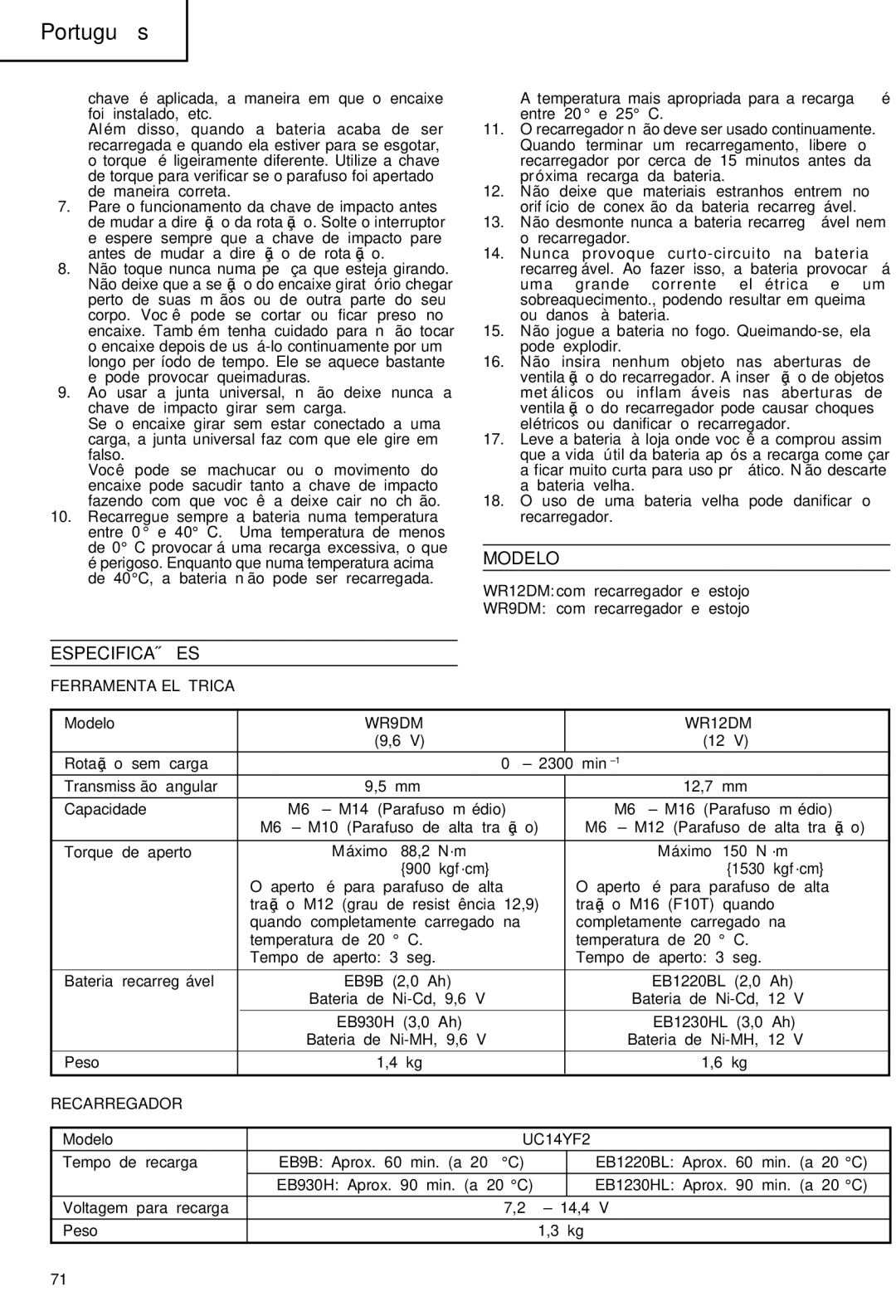 Hitachi WR 9DM, WR 12DM manual Especificações, Ferramenta Elétrica, Recarregador 