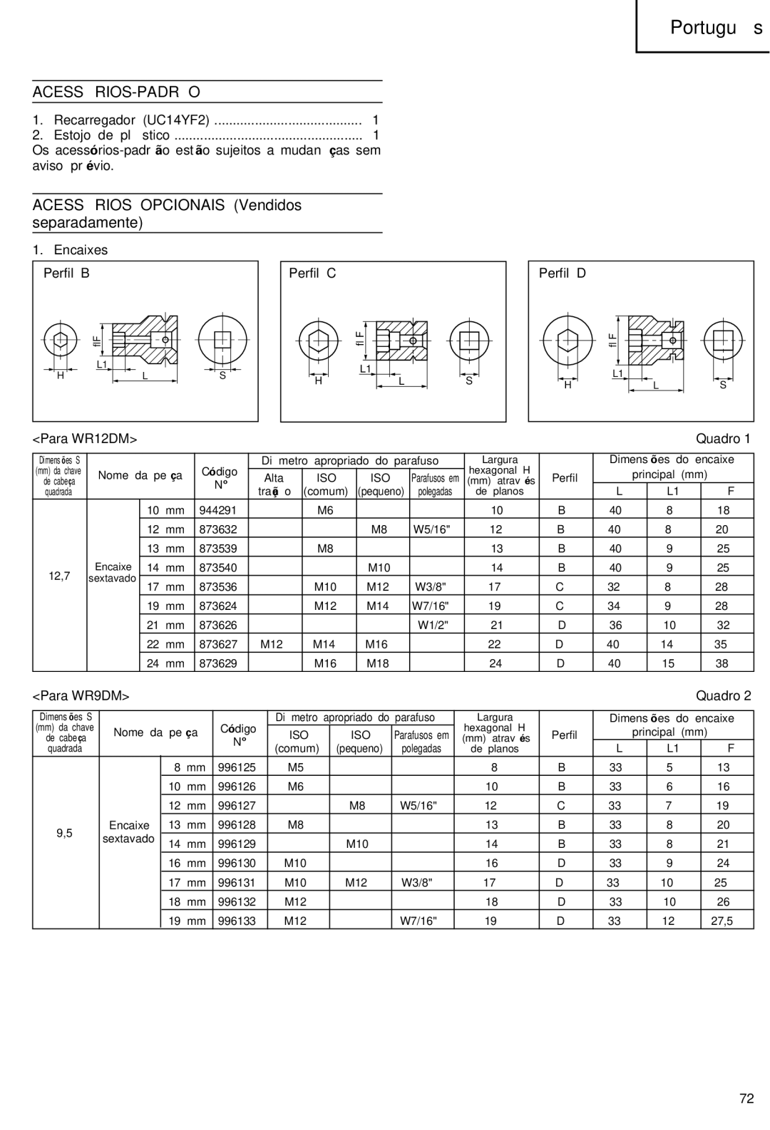Hitachi WR 12DM, WR 9DM manual Acessórios-Padrão, Encaixes, Para WR12DM Quadro, Para WR9DM Quadro 