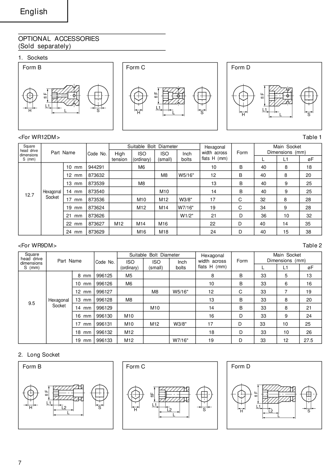 Hitachi WR 9DM, WR 12DM manual Sockets, For WR12DM, For WR9DM, Long Socket 