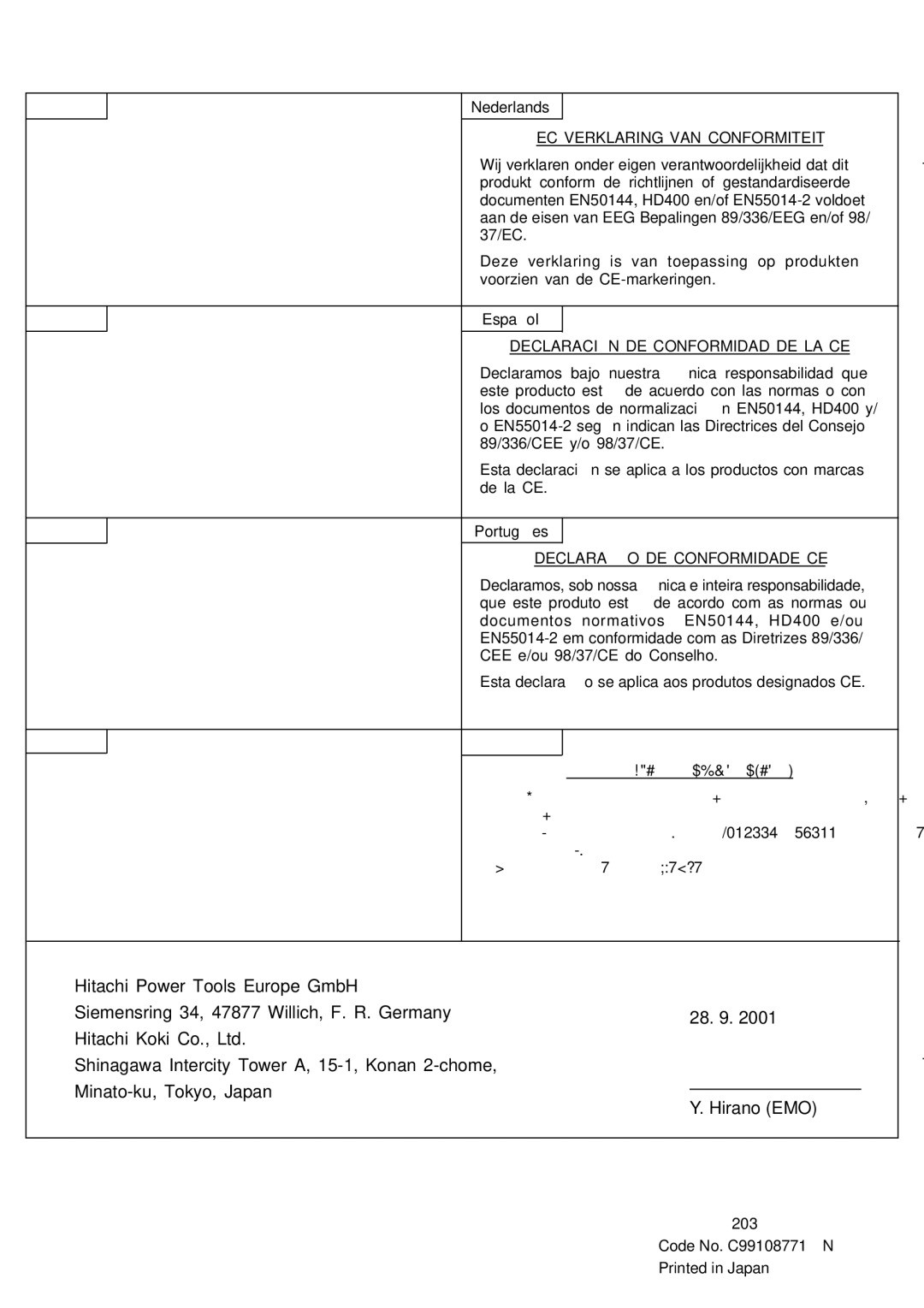 Hitachi WR 9DM EC Declaration of Conformity EC Verklaring VAN Conformiteit, Dichiarazione DI Conformità CE EK ∆ΗΛΩΣΗ Εναρμ 