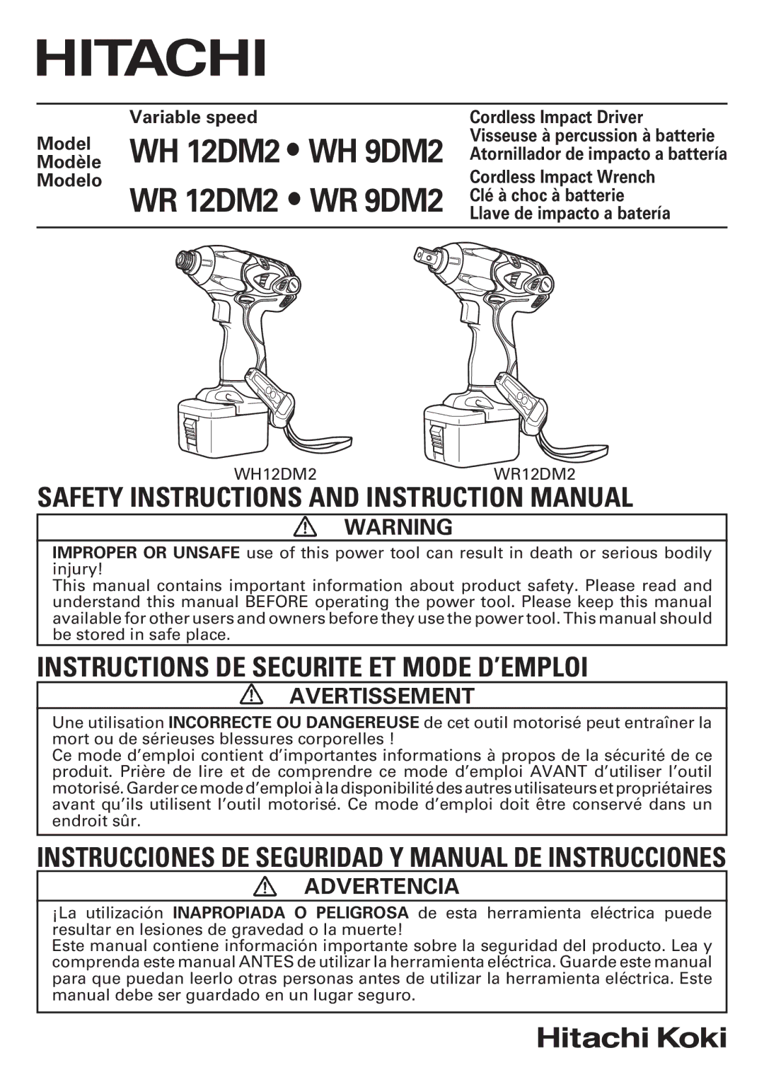 Hitachi WR12DM2, WR9DM2, WH12DM2, WH9DM2 instruction manual Avertissement, Advertencia 