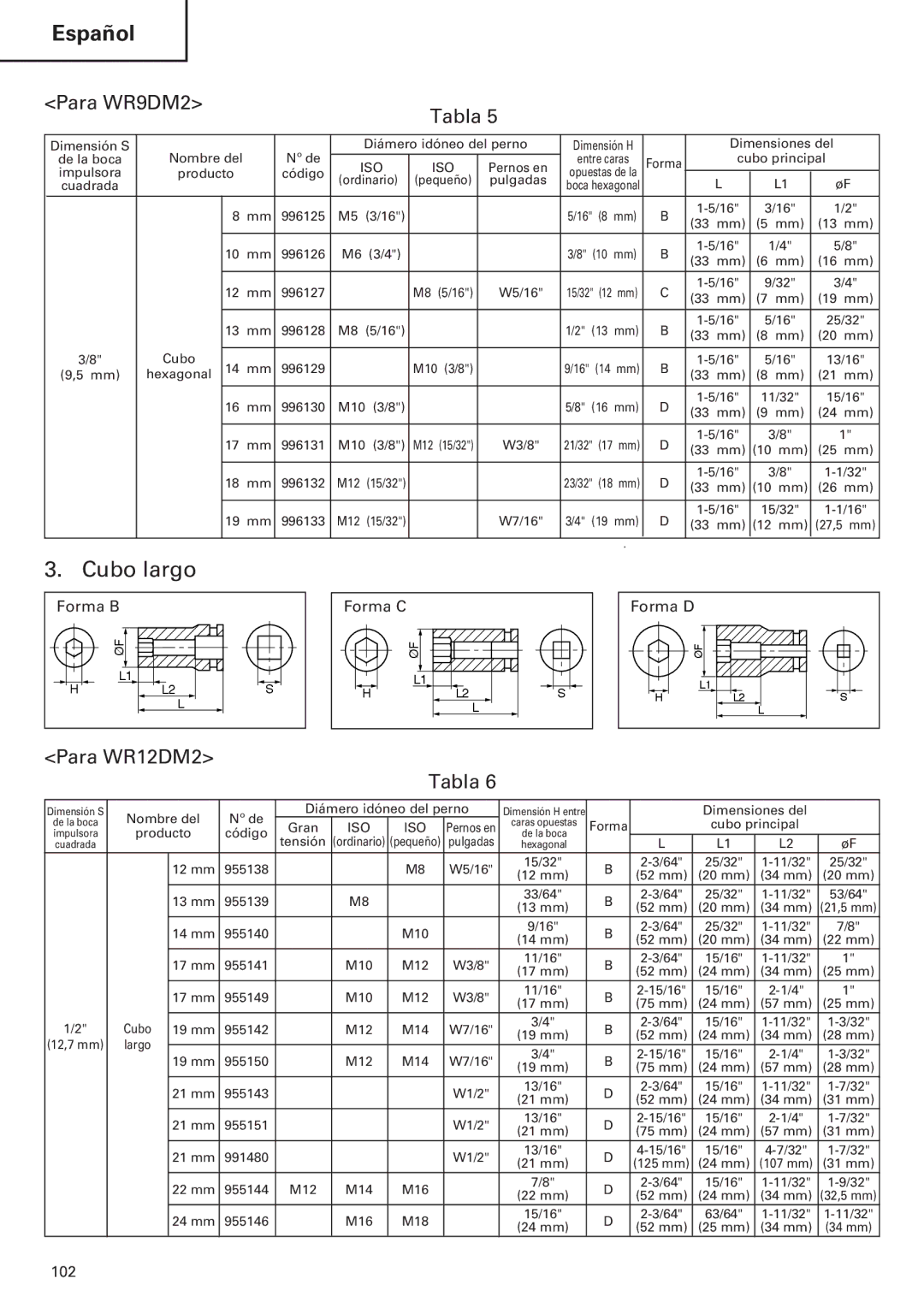 Hitachi WH12DM2, WR12DM2, WH9DM2 instruction manual Cubo largo, Para WR9DM2 Tabla 