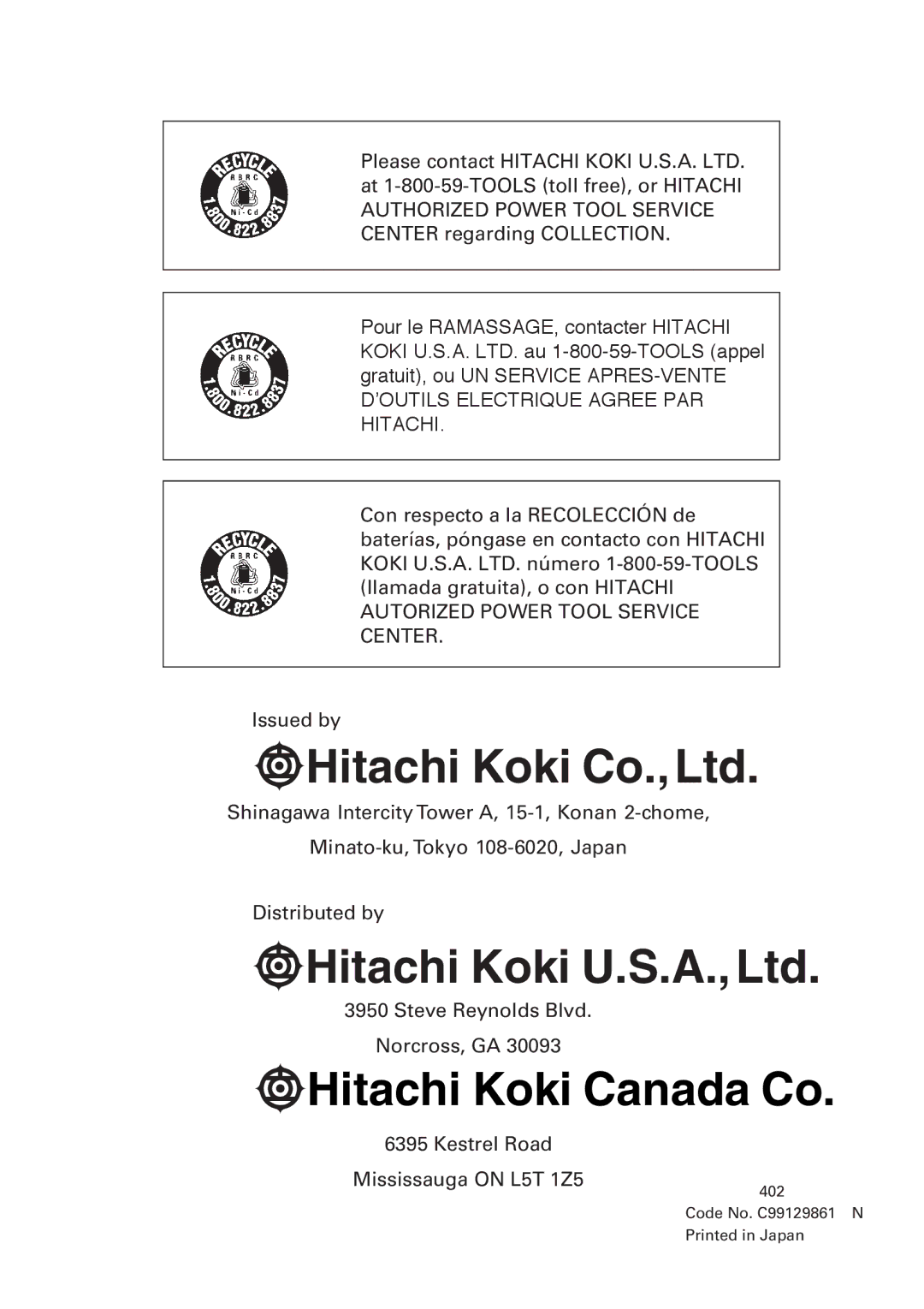 Hitachi WR9DM2, WR12DM2, WH12DM2, WH9DM2 instruction manual Kestrel Road Mississauga on L5T 1Z5 