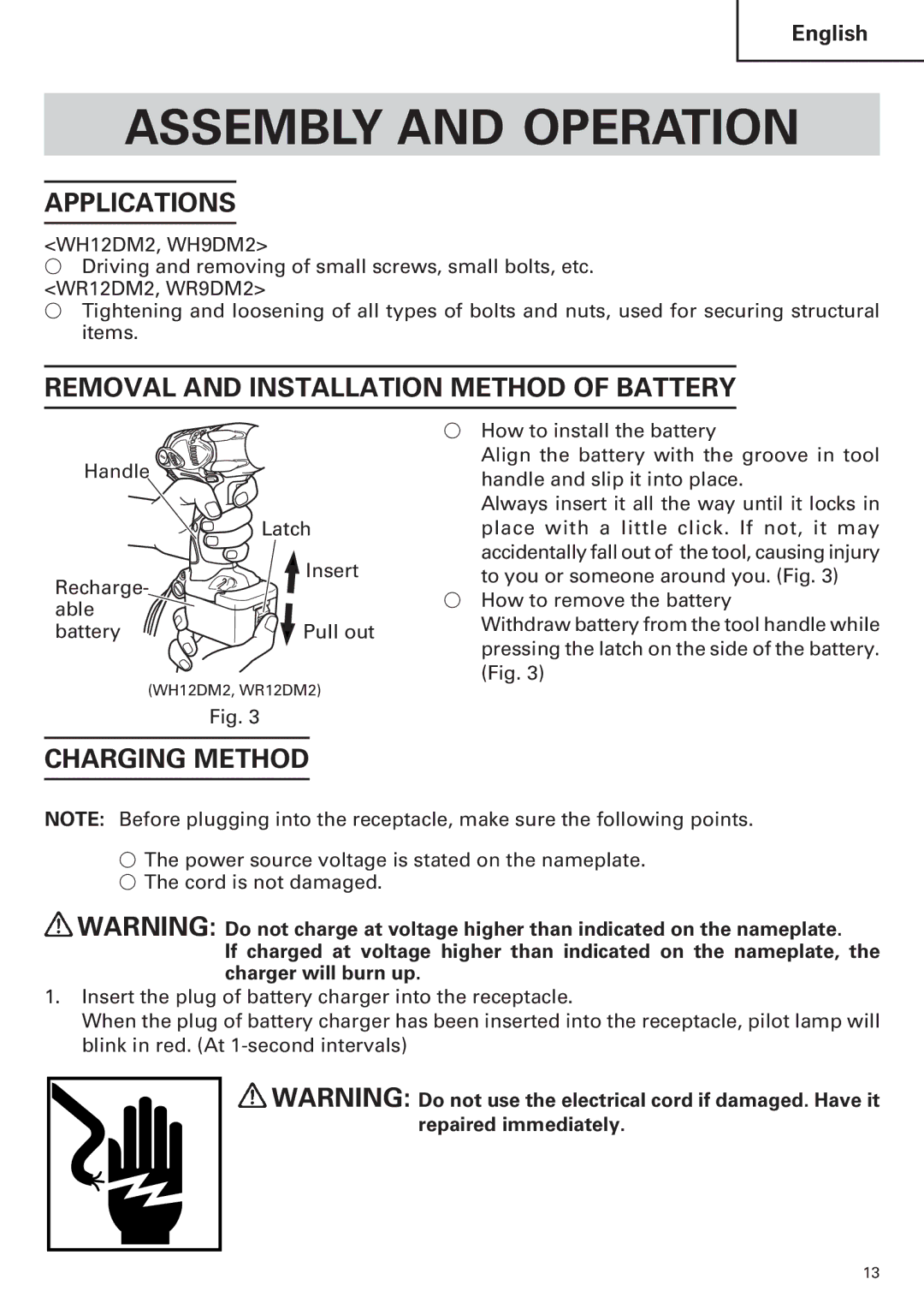 Hitachi WR12DM2, WR9DM2 Assembly and Operation, Applications, Removal and Installation Method of Battery, Charging Method 