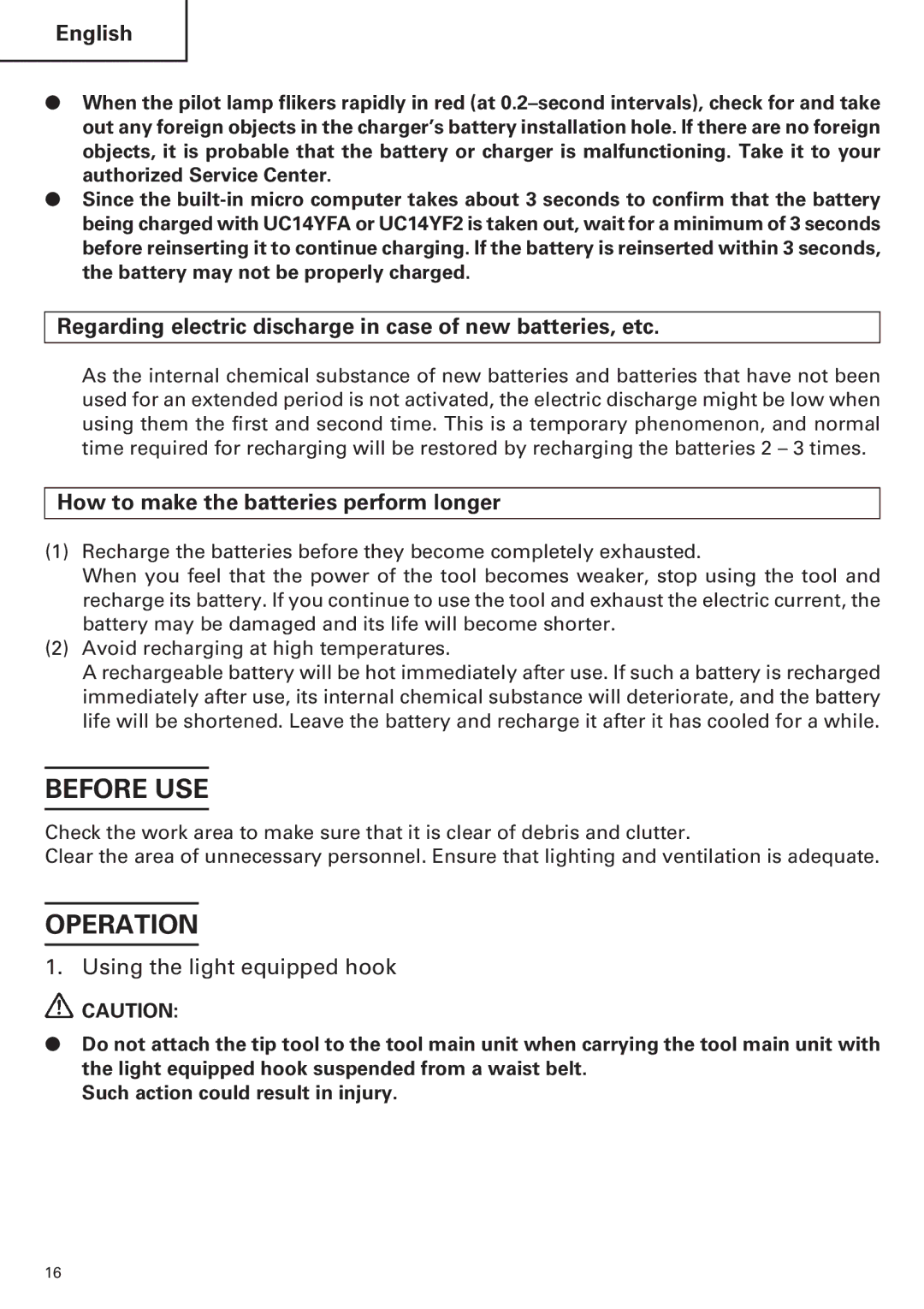 Hitachi WR9DM2, WR12DM2, WH12DM2, WH9DM2 instruction manual Before USE, Operation, Using the light equipped hook 