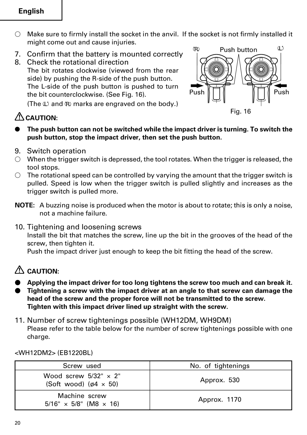 Hitachi WR9DM2 Switch operation, Tightening and loosening screws, Number of screw tightenings possible WH12DM, WH9DM 