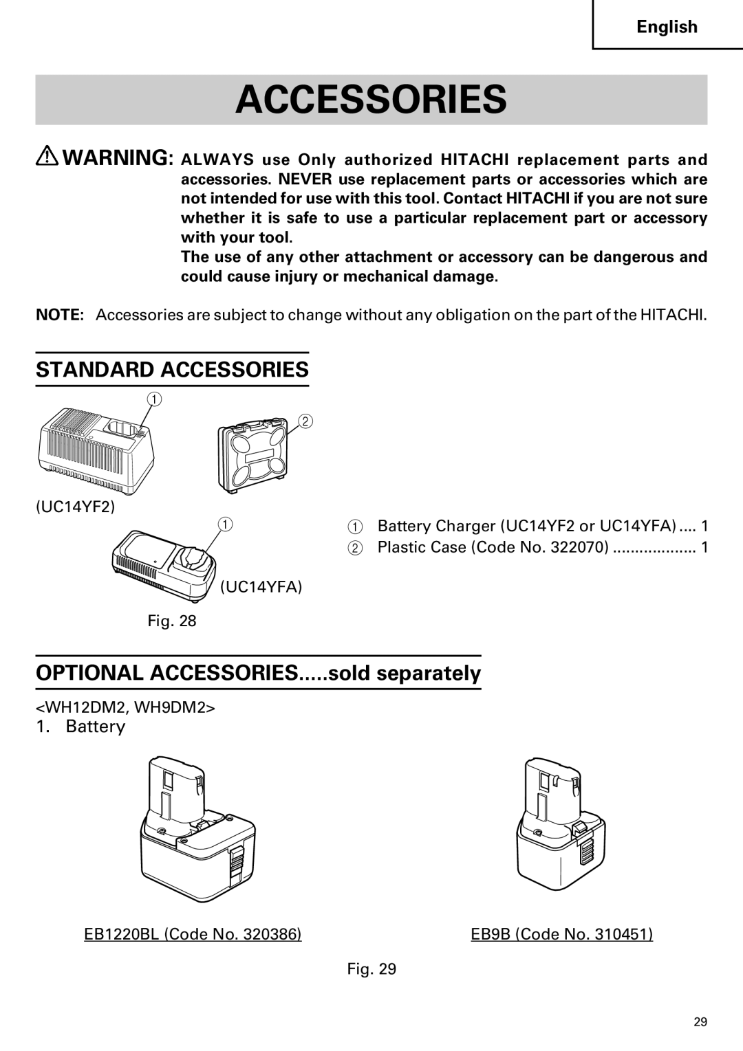 Hitachi WR12DM2, WR9DM2, WH12DM2, WH9DM2 instruction manual Standard Accessories, Battery 