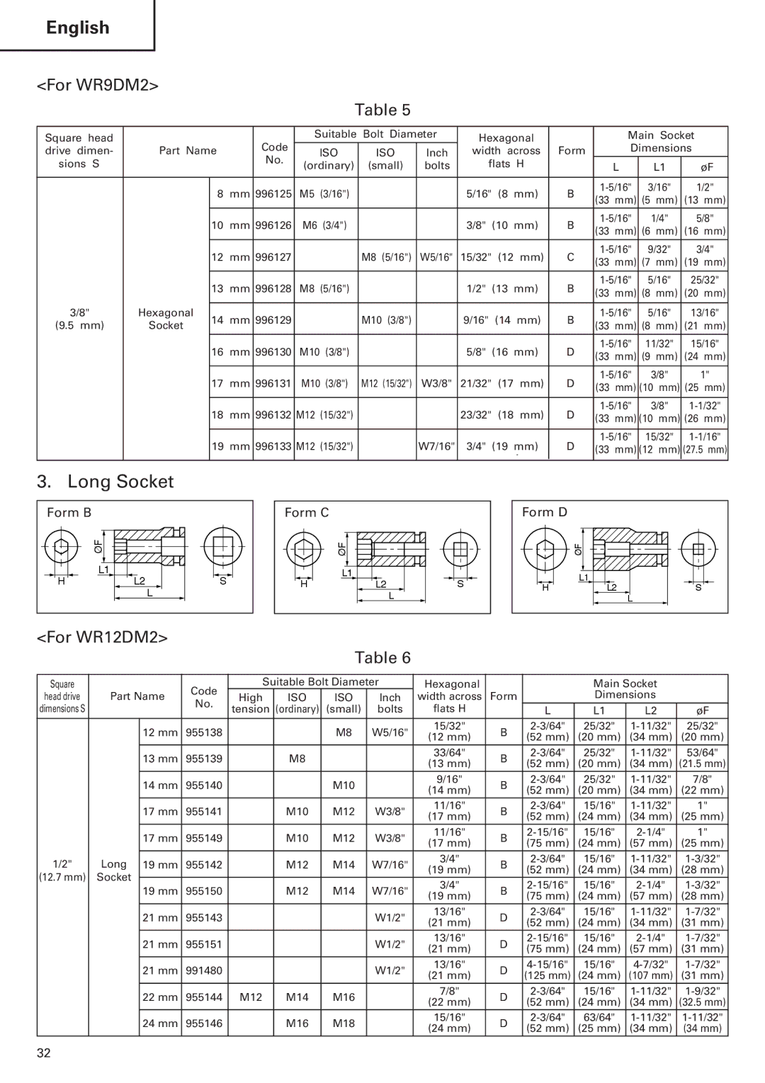 Hitachi WR12DM2, WH12DM2, WH9DM2 instruction manual Long Socket, For WR9DM2 