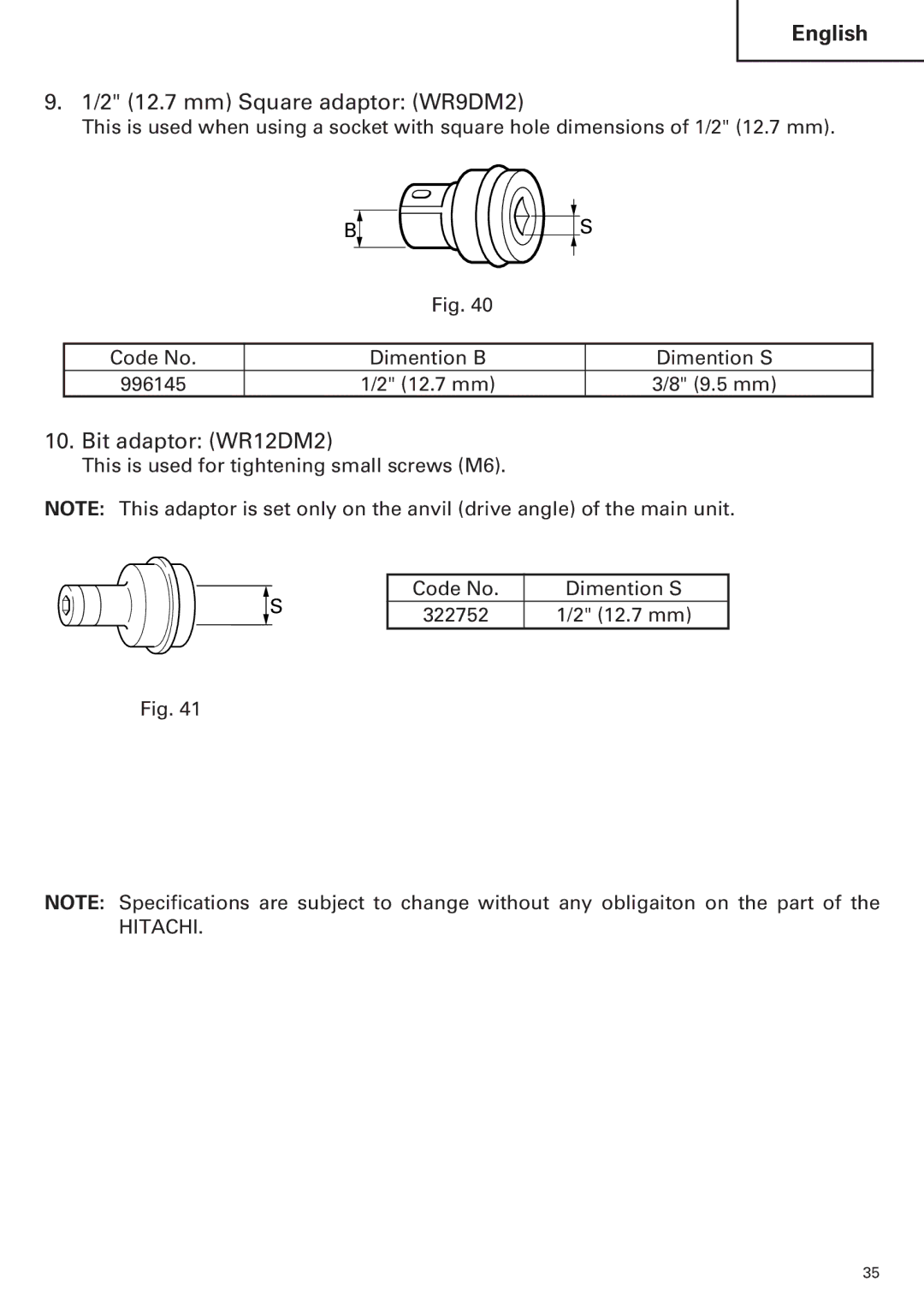 Hitachi WH9DM2, WH12DM2 instruction manual 2 12.7 mm Square adaptor WR9DM2, Bit adaptor WR12DM2 