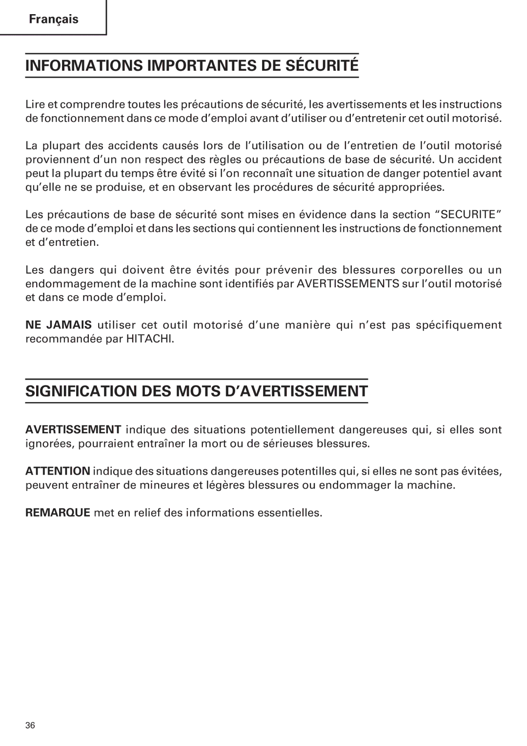 Hitachi WR9DM2, WR12DM2, WH12DM2, WH9DM2 Informations Importantes DE Sécurité, Signification DES Mots D’AVERTISSEMENT 