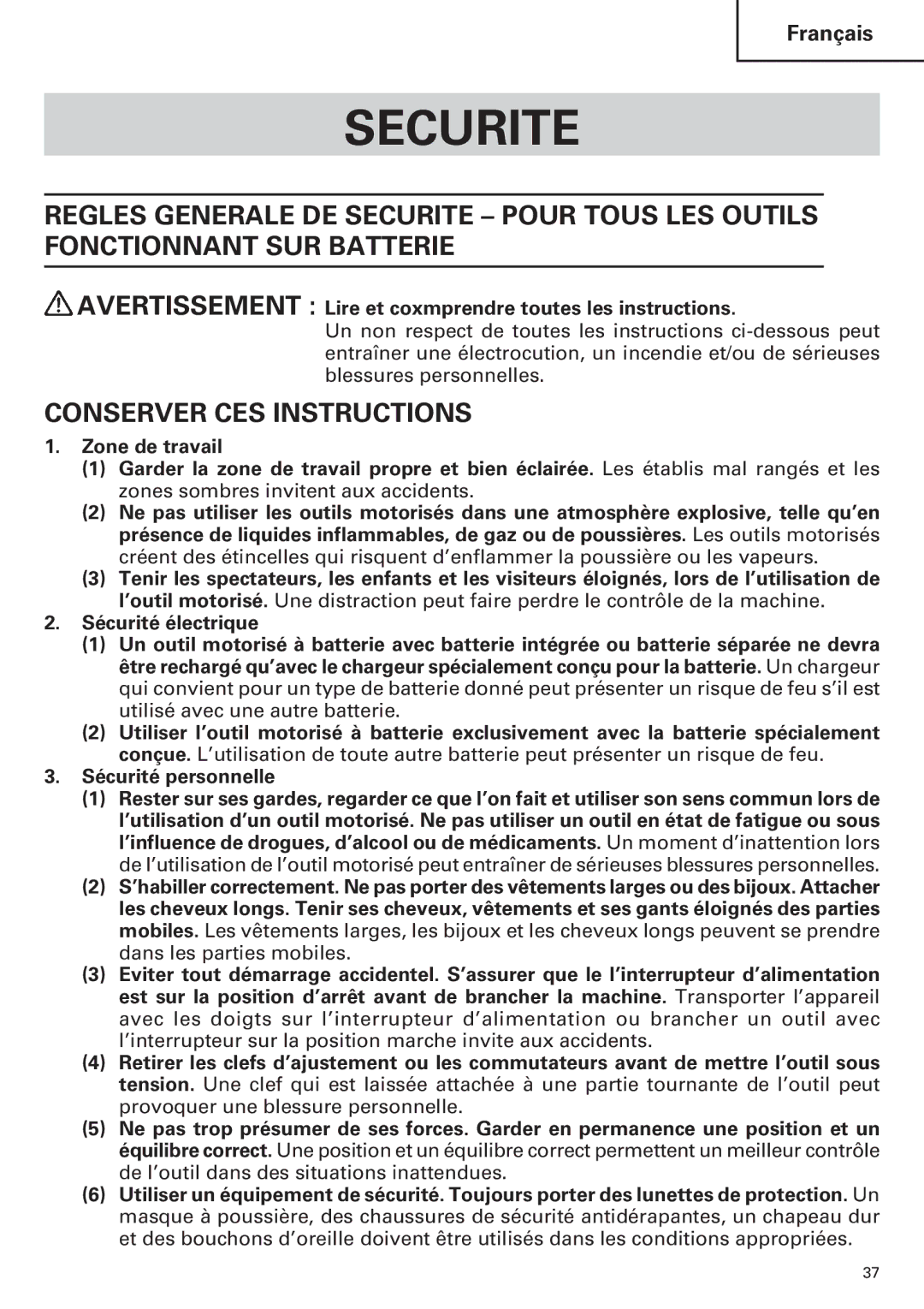 Hitachi WR12DM2, WR9DM2, WH12DM2, WH9DM2 instruction manual Securite, Conserver CES Instructions 