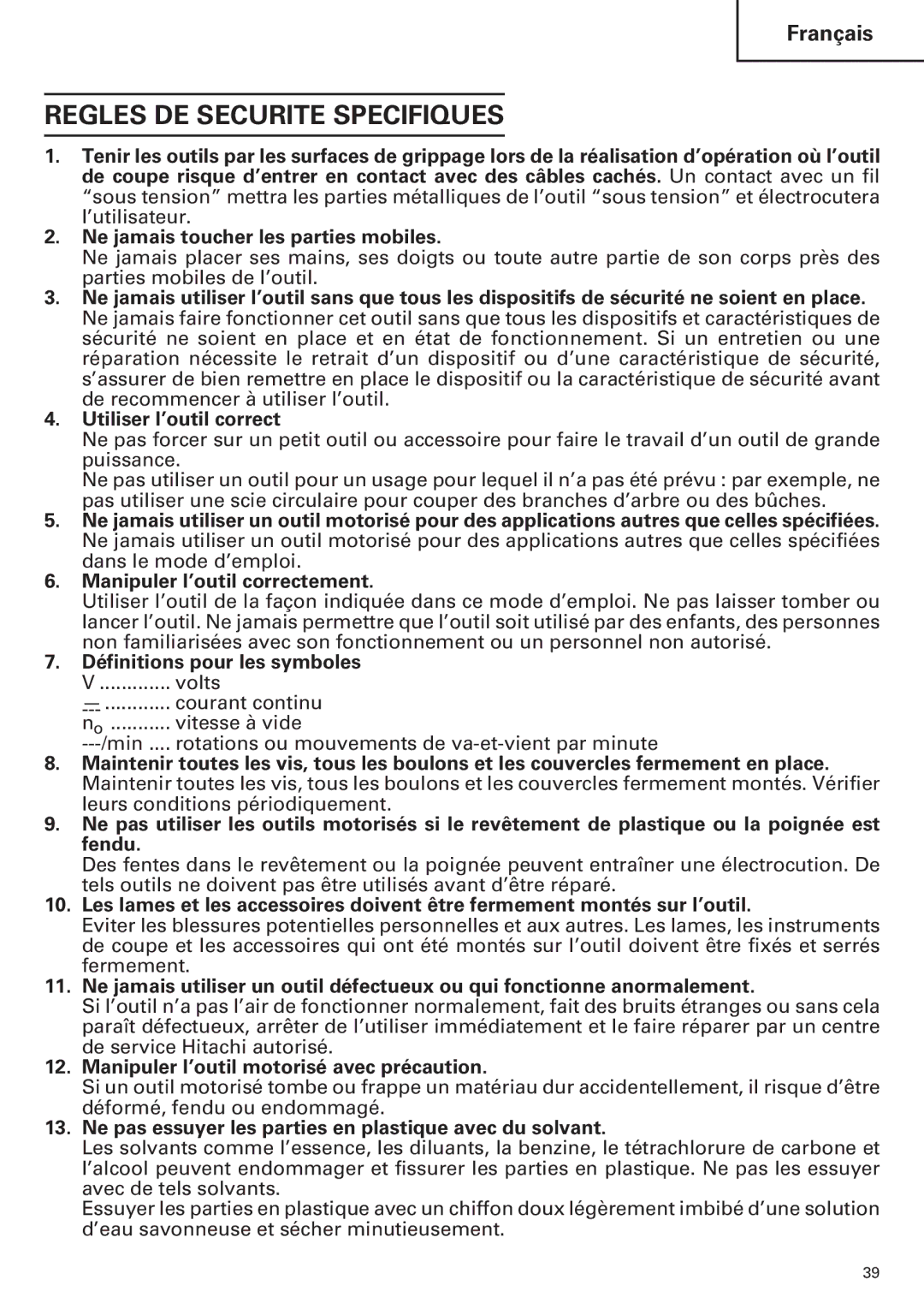 Hitachi WH9DM2, WR9DM2, WR12DM2, WH12DM2 instruction manual Regles DE Securite Specifiques, Courant continu, Vitesse à vide 