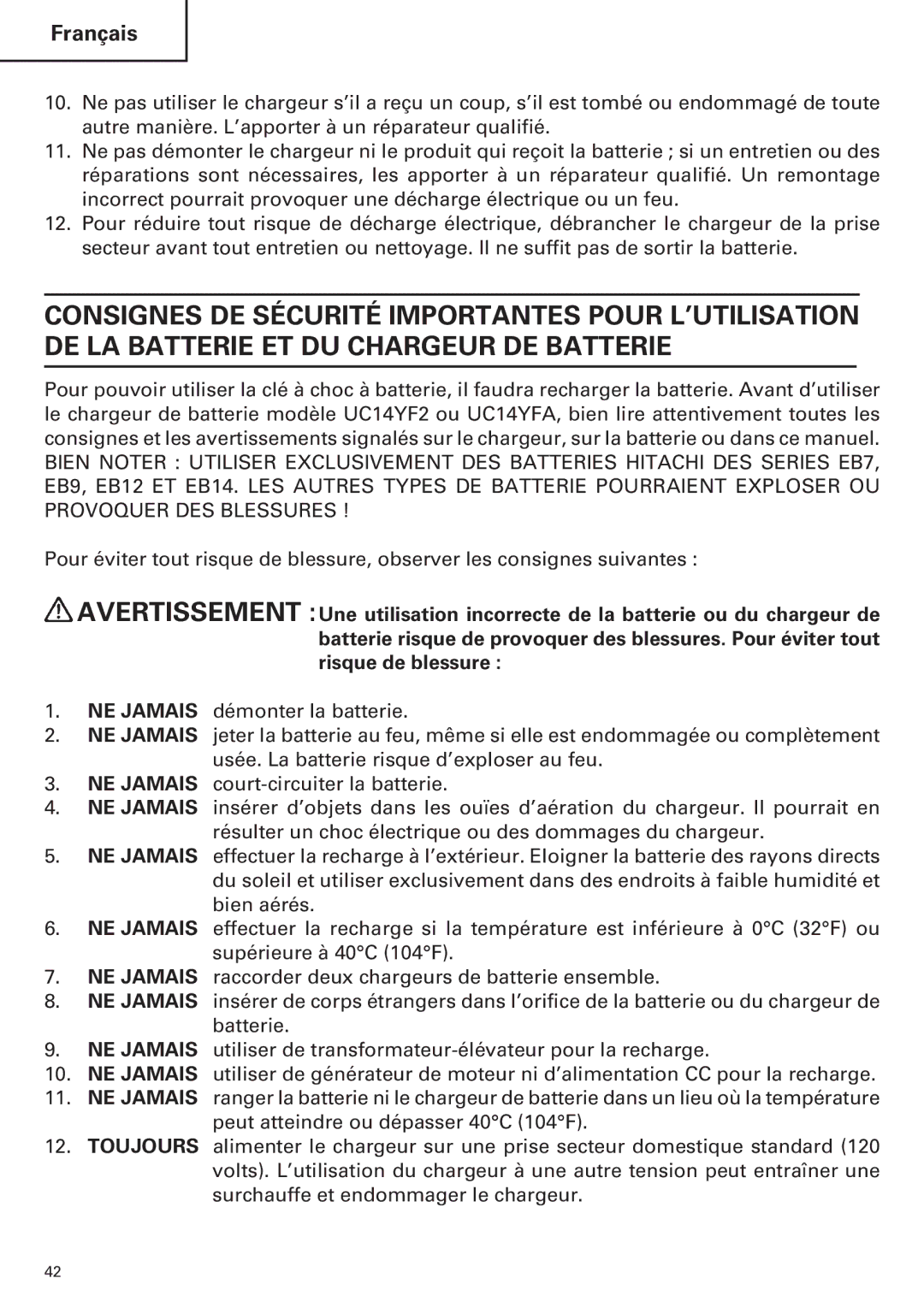 Hitachi WH12DM2, WR9DM2, WR12DM2, WH9DM2 instruction manual Français 