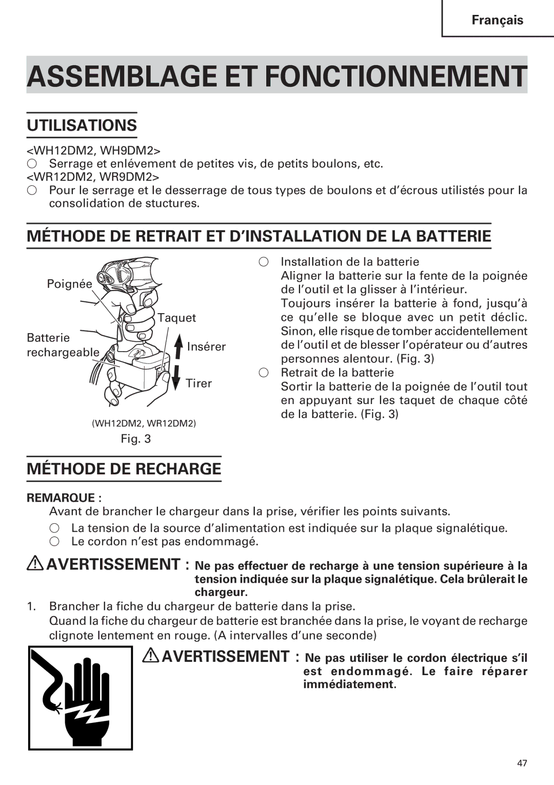 Hitachi WH9DM2, WR9DM2 Assemblage ET Fonctionnement, Utilisations, Méthode DE Retrait ET D’INSTALLATION DE LA Batterie 