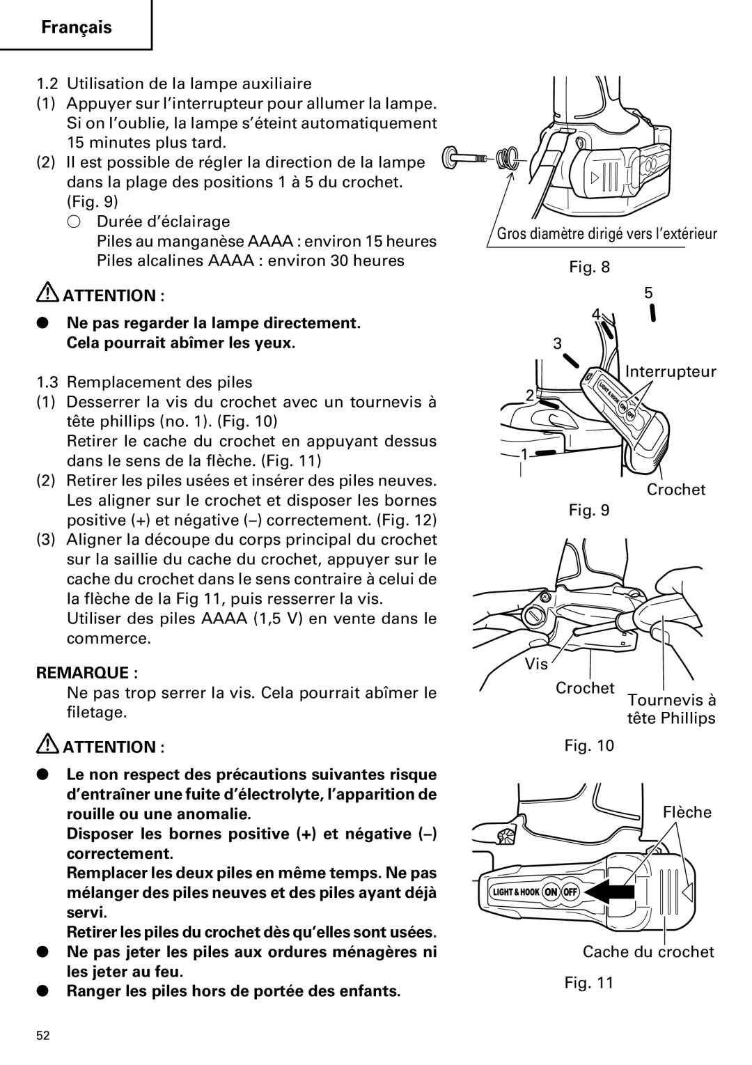 Hitachi WR9DM2, WR12DM2, WH12DM2, WH9DM2 instruction manual Ne pas trop serrer la vis. Cela pourrait abîmer le filetage 