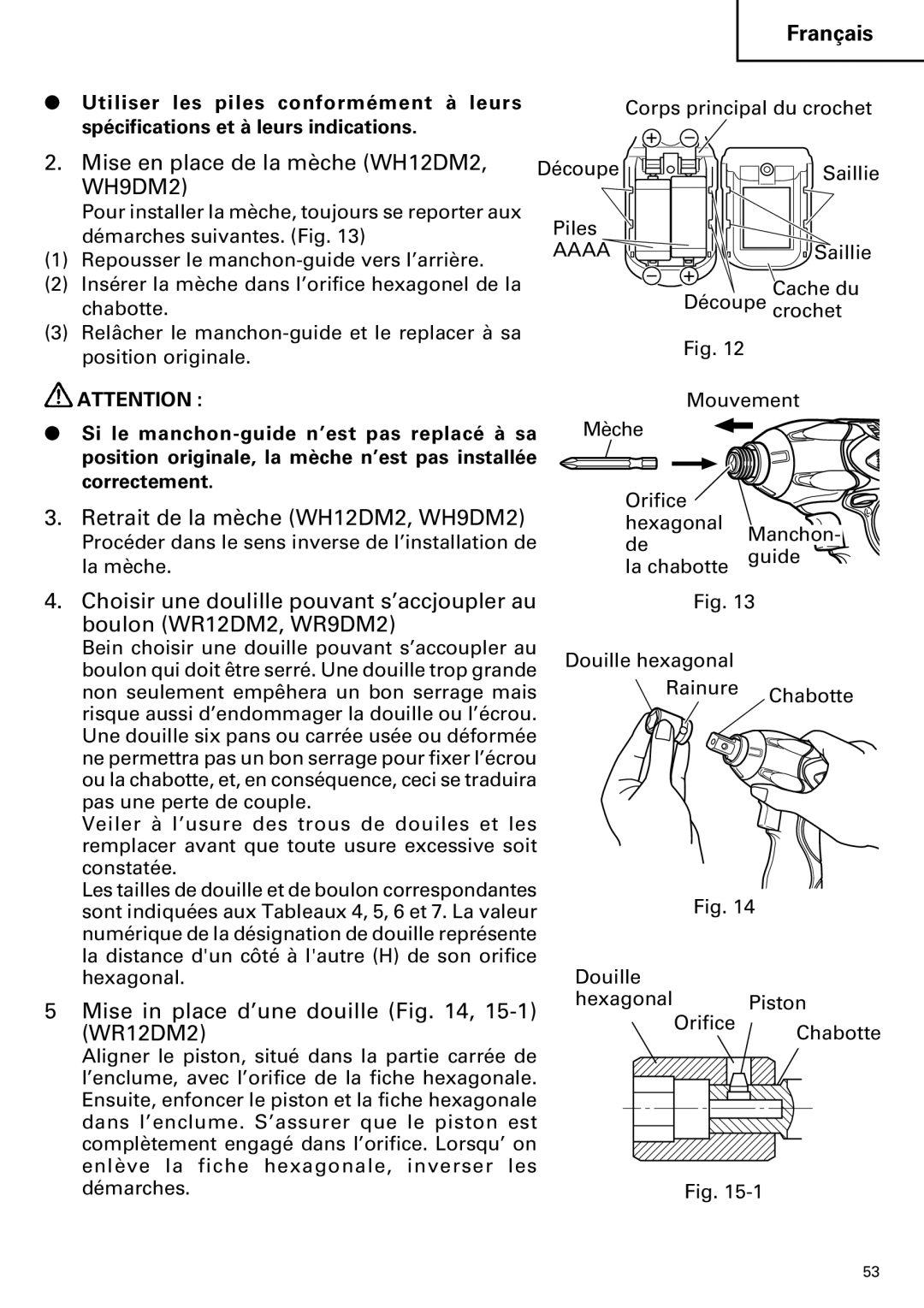 Hitachi WR12DM2, WR9DM2 instruction manual Mise en place de la mèche WH12DM2, Retrait de la mèche WH12DM2, WH9DM2 