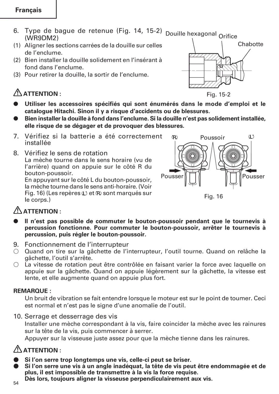 Hitachi WH12DM2 Type de bague de retenue , 15-2 WR9DM2, Fonctionnement de l’interrupteur, Serrage et desserrage des vis 