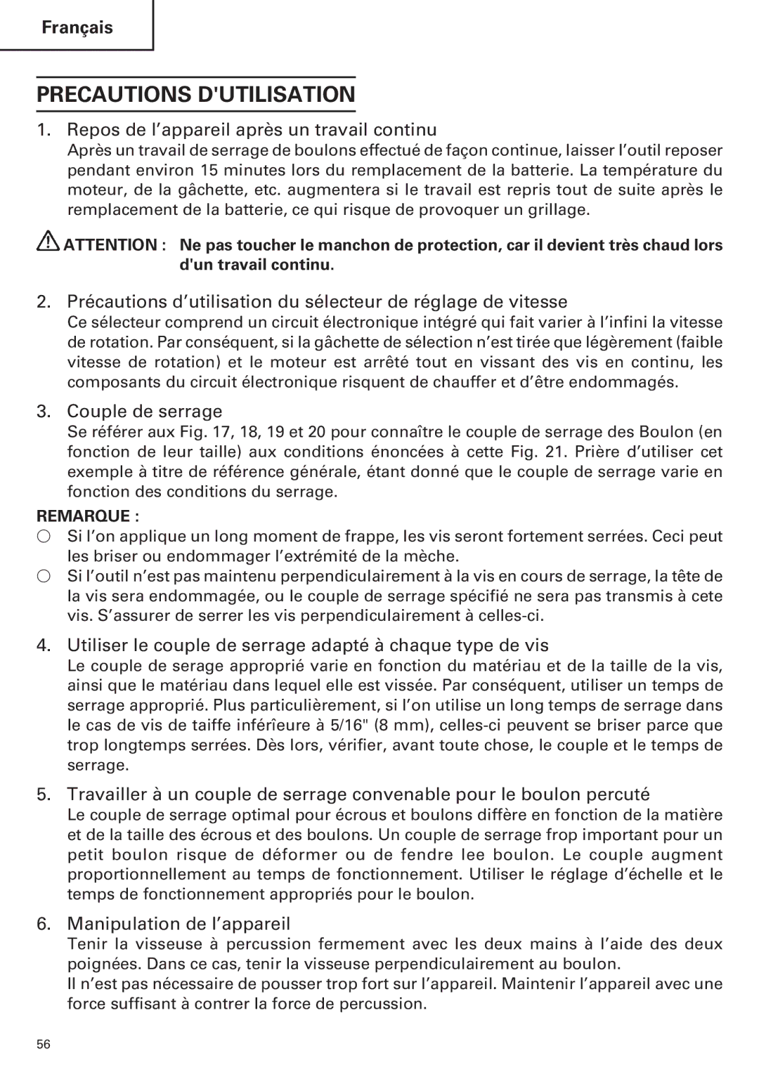 Hitachi WR9DM2, WR12DM2, WH12DM2 Precautions Dutilisation, Repos de l’appareil après un travail continu, Couple de serrage 