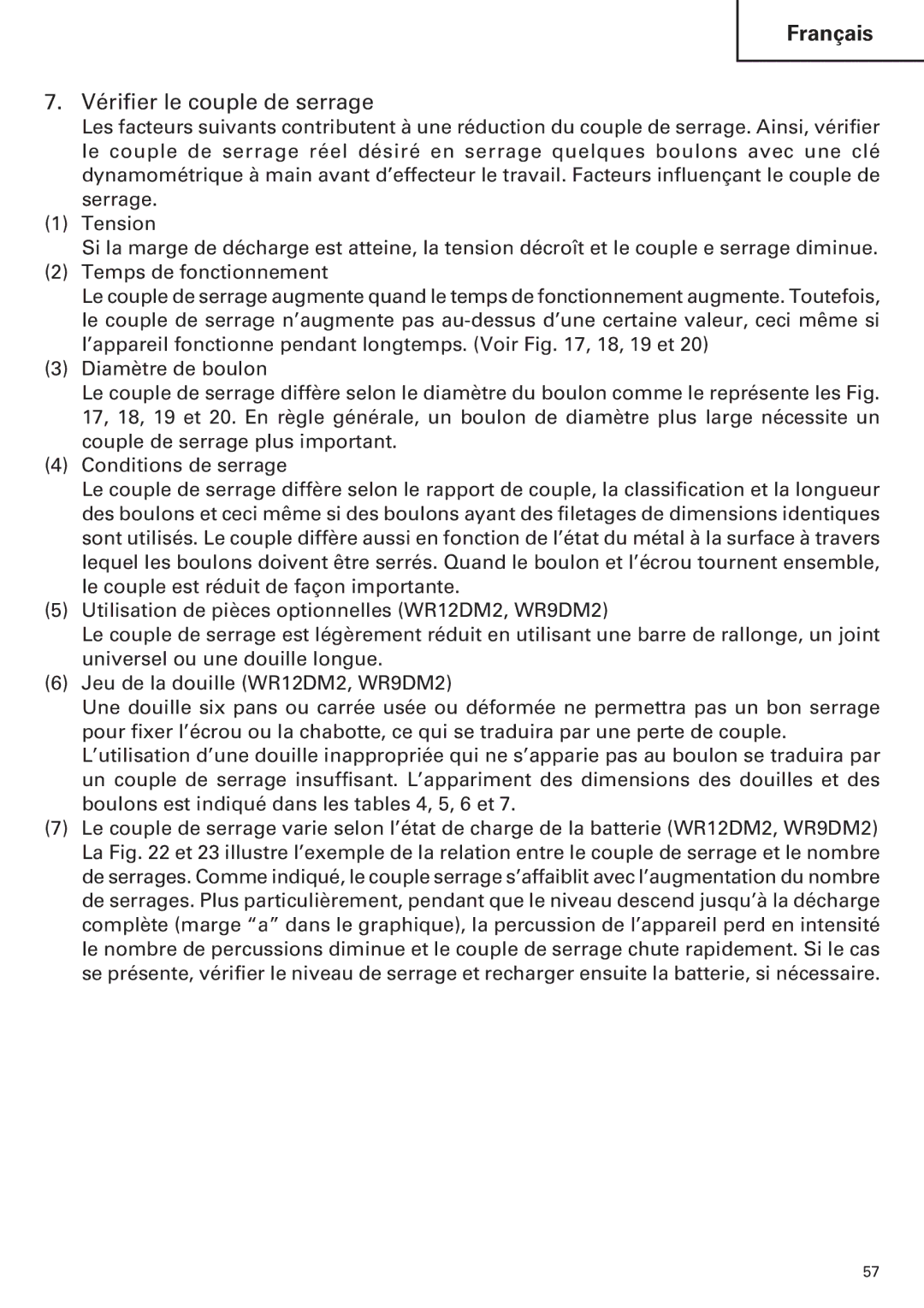 Hitachi WR12DM2, WR9DM2, WH12DM2, WH9DM2 instruction manual Vérifier le couple de serrage 