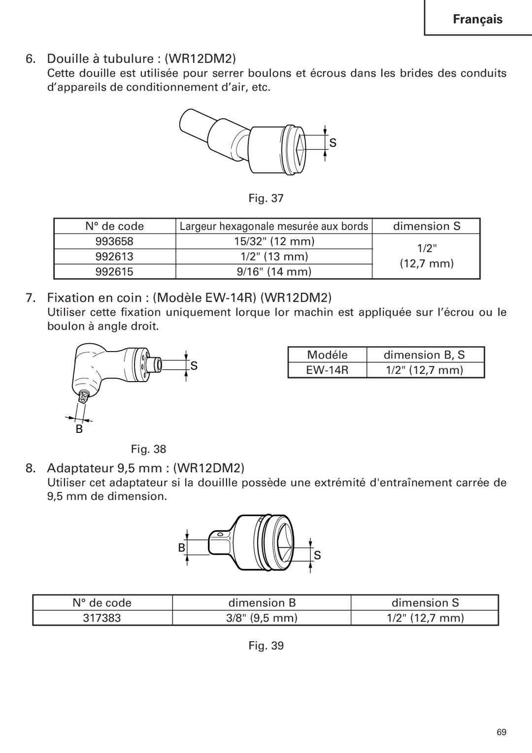 Hitachi Douille à tubulure WR12DM2, Fixation en coin Modèle EW-14R WR12DM2, Adaptateur 9,5 mm WR12DM2, Dimension S 