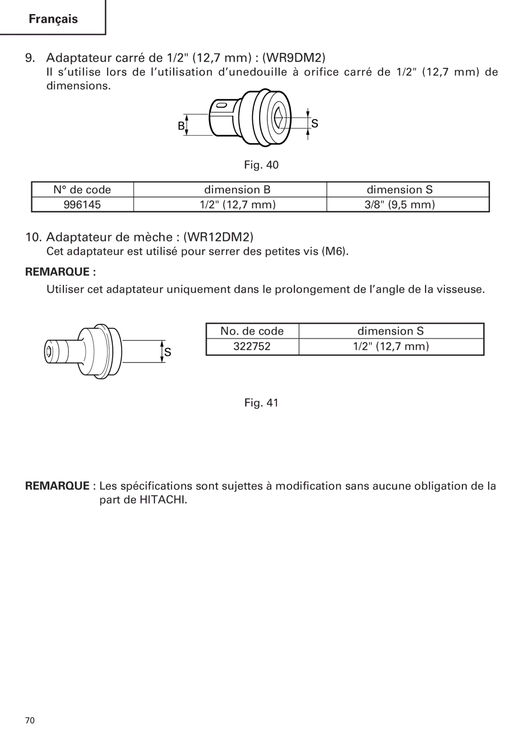 Hitachi WH12DM2, WH9DM2 instruction manual Adaptateur carré de 1/2 12,7 mm WR9DM2, Adaptateur de mèche WR12DM2 