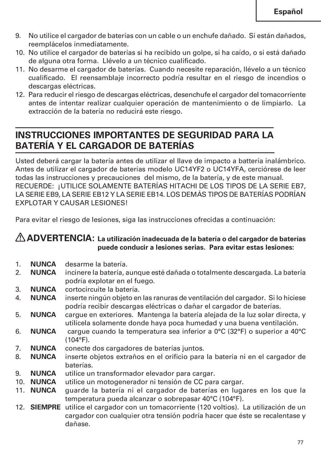 Hitachi WR12DM2, WR9DM2, WH12DM2, WH9DM2 instruction manual Español 