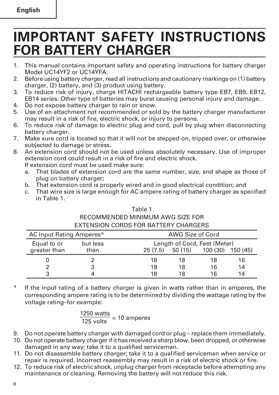 Hitachi WR9DM2, WR12DM2, WH12DM2, WH9DM2 instruction manual Important Safety Instructions for Battery Charger 