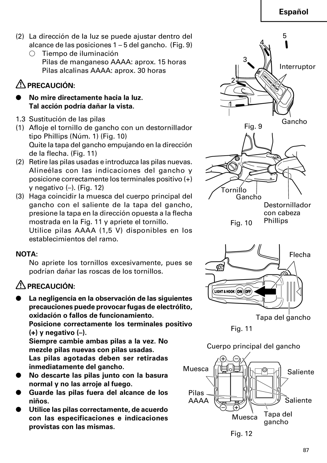 Hitachi WH9DM2 Interruptor, De la flecha. Fig, Alineélas con las indicaciones del gancho y, Negativo -. Fig, Con cabeza 