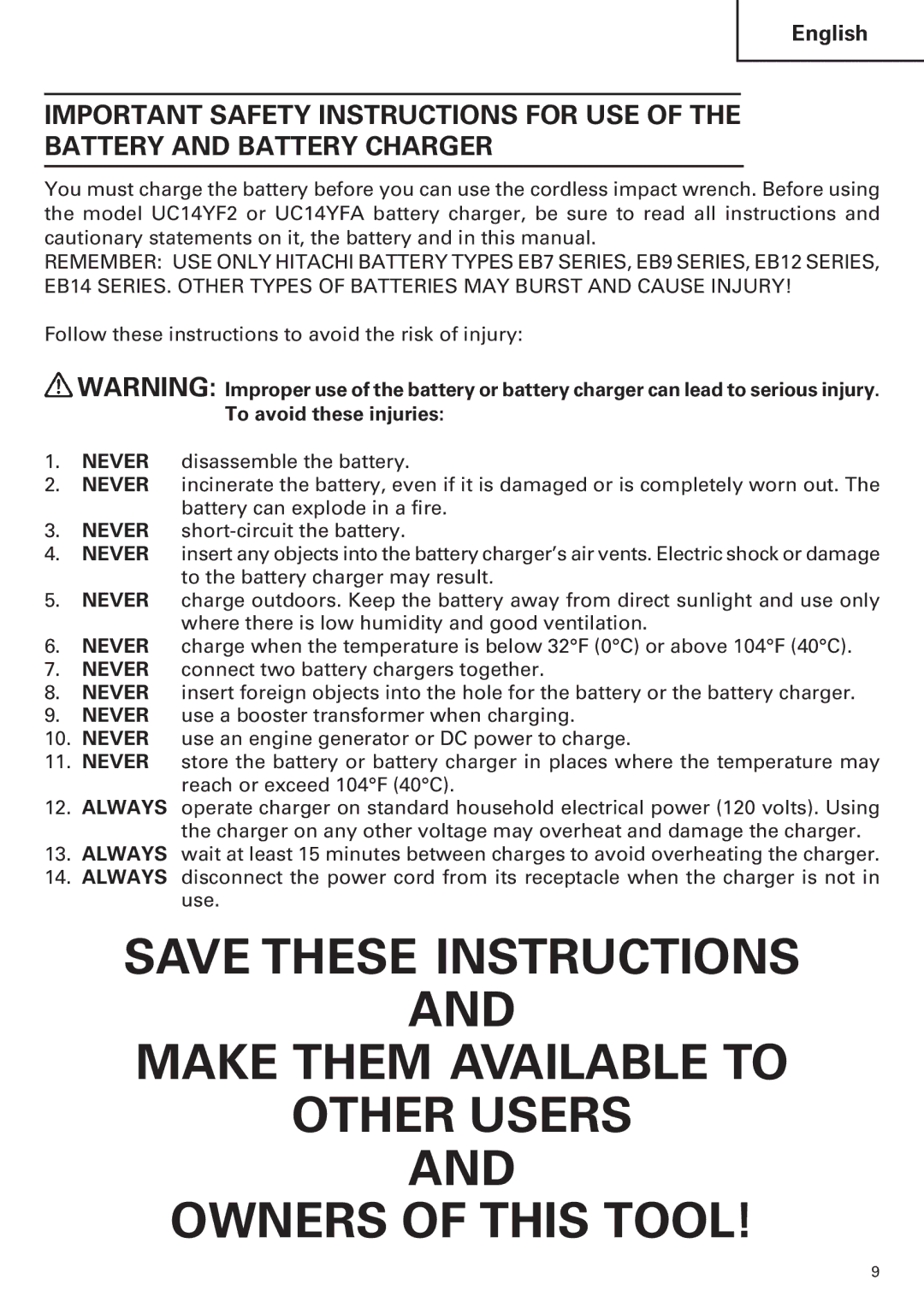 Hitachi WR12DM2, WR9DM2, WH12DM2, WH9DM2 instruction manual Make Them Available to Other Users Owners of this Tool 