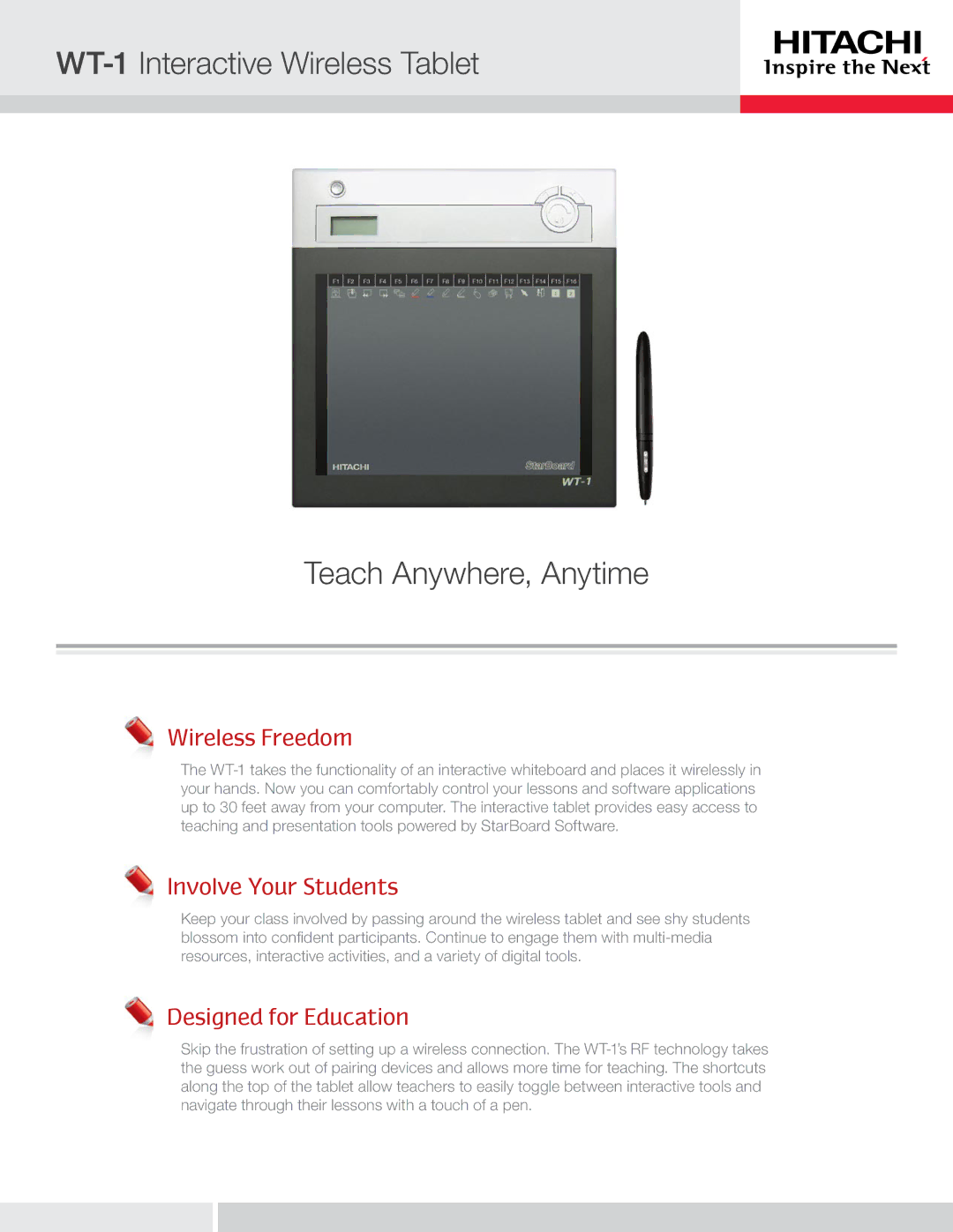 Hitachi manual WT-1 Interactive Wireless Tablet Teach Anywhere, Anytime, Wireless Freedom, Involve Your Students 