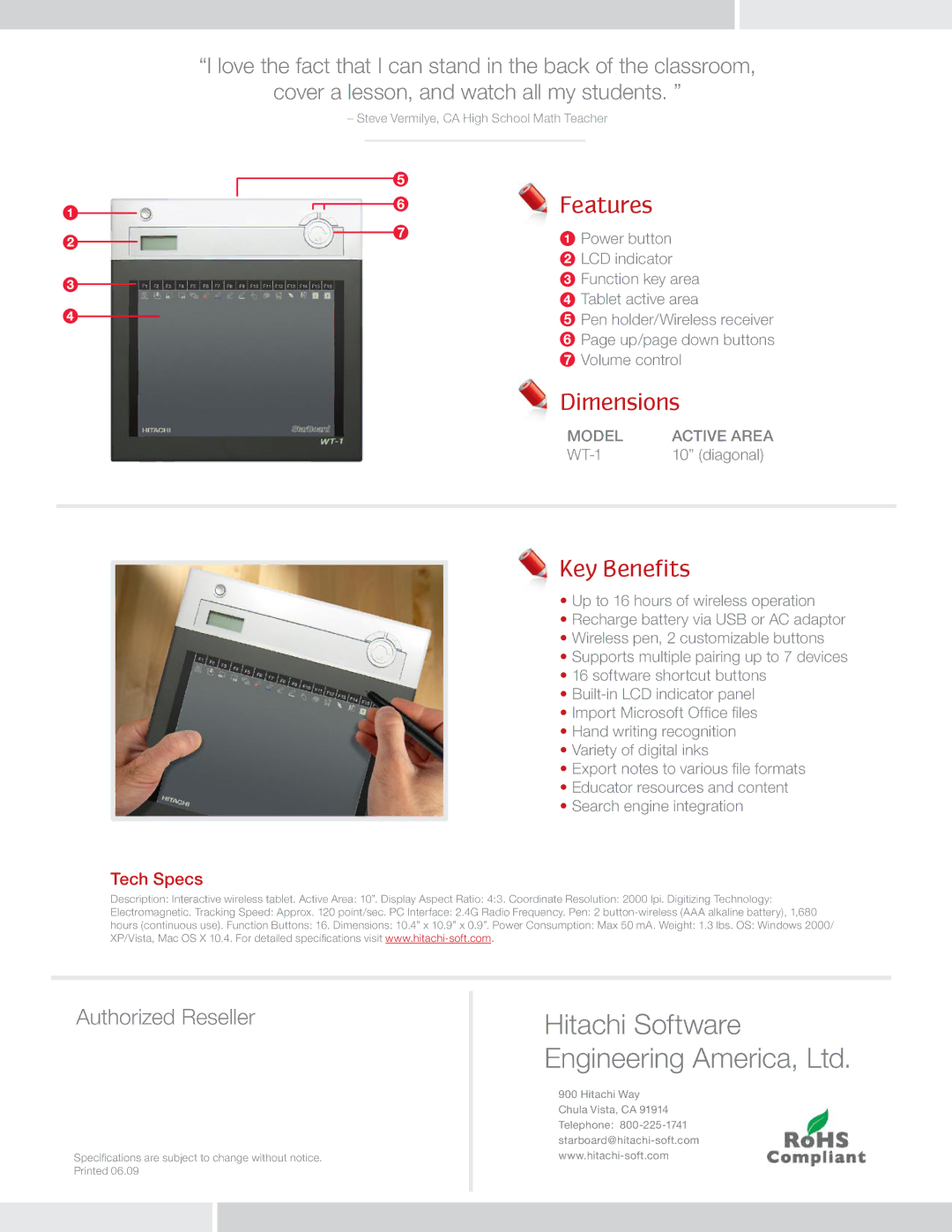 Hitachi WT-1 manual Features, Dimensions, Key Benefits, Tech Specs, Power button 