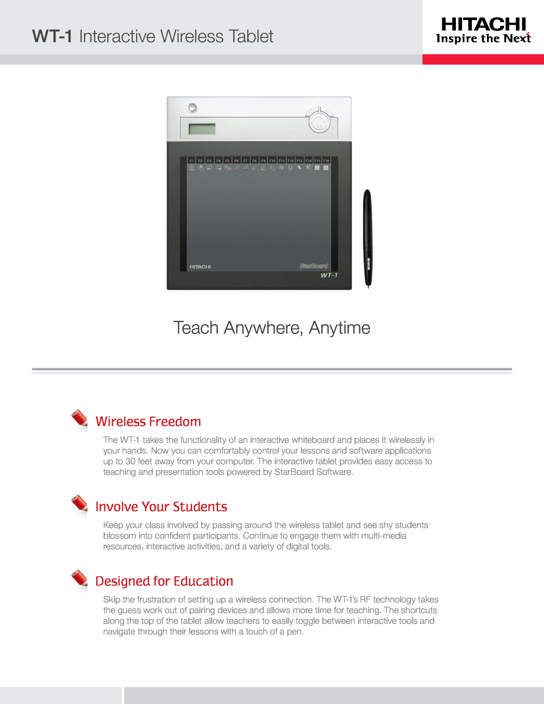 Hitachi manual Wireless Freedom, Involve Your Students, Designed for Education, WT-1 Interactive Wireless Tablet 