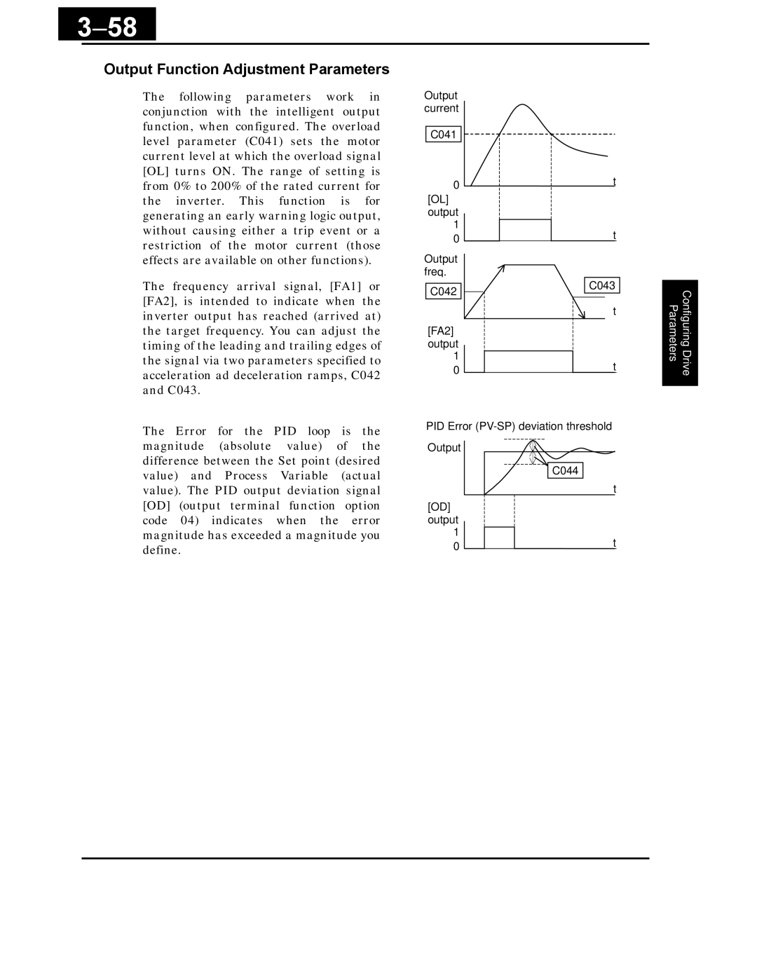 Hitachi X200 Series instruction manual 58, Output Function Adjustment Parameters 