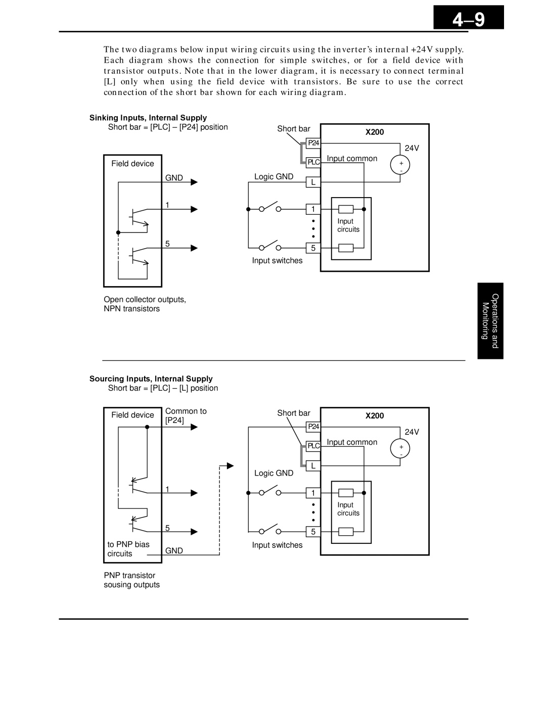 Hitachi X200 Series instruction manual Sinking Inputs, Internal Supply 