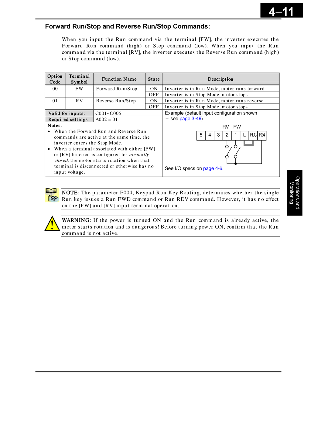 Hitachi X200 Series Forward Run/Stop and Reverse Run/Stop Commands, Terminal Function Name State Description, A002 = 