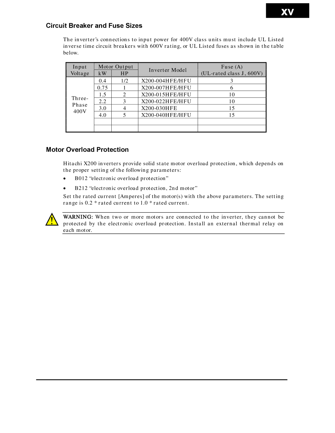 Hitachi X200 Series instruction manual Circuit Breaker and Fuse Sizes, Motor Overload Protection 