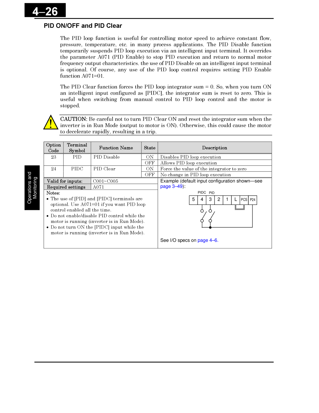 Hitachi X200 Series instruction manual 26, PID ON/OFF and PID Clear 