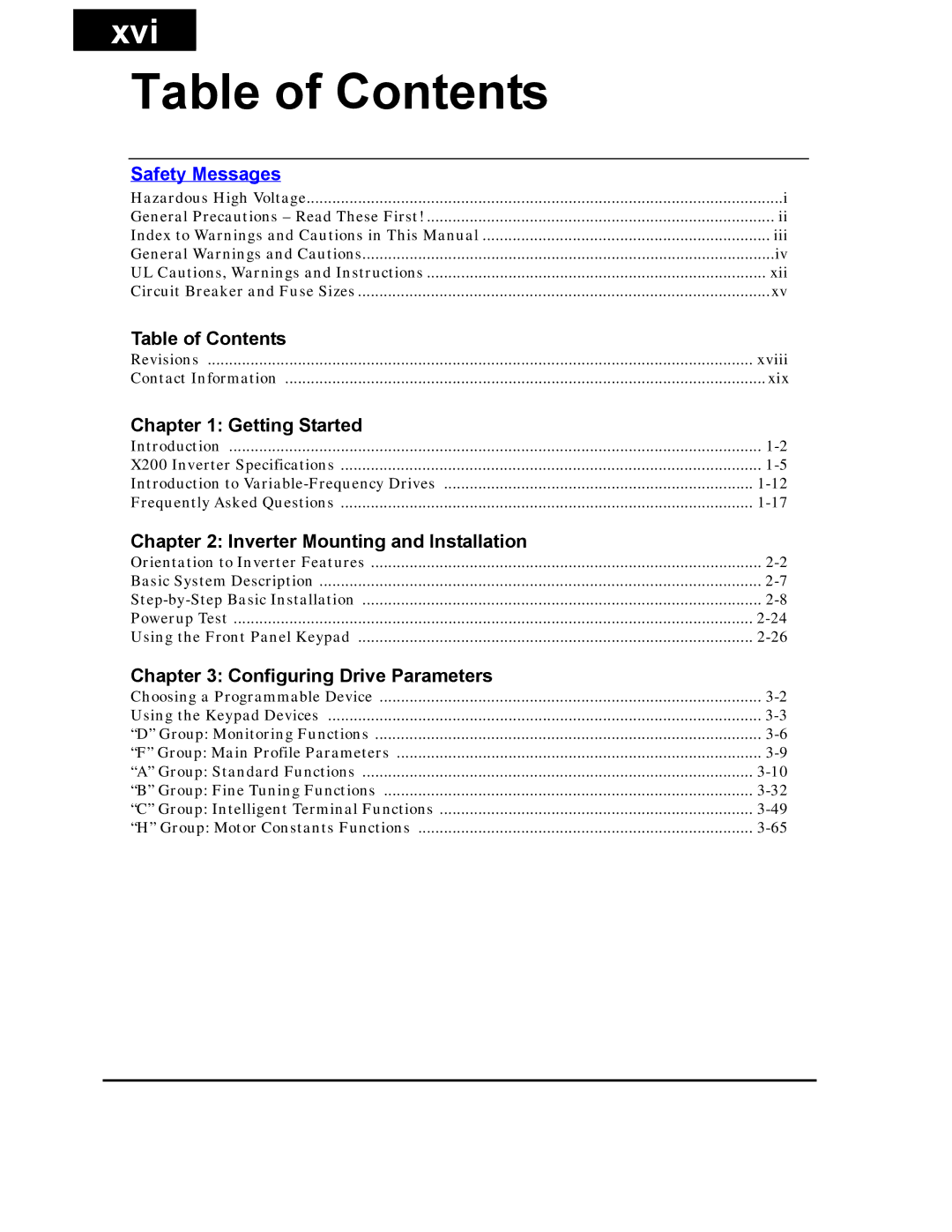 Hitachi X200 Series instruction manual Table of Contents 