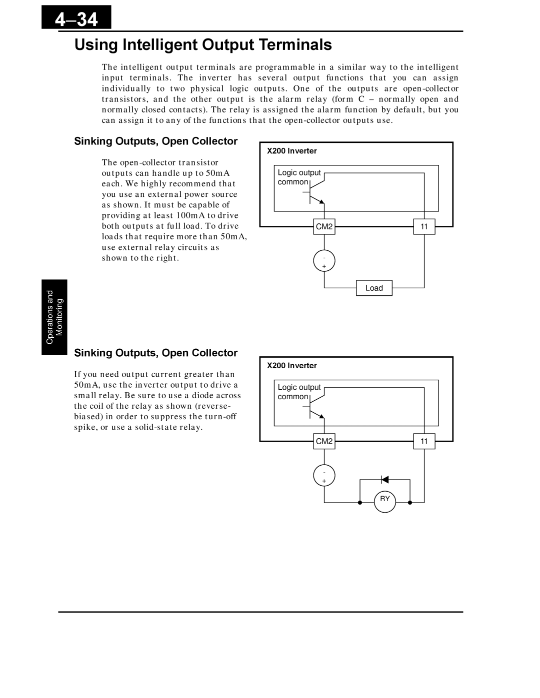 Hitachi X200 Series instruction manual Using Intelligent Output Terminals, Sinking Outputs, Open Collector 