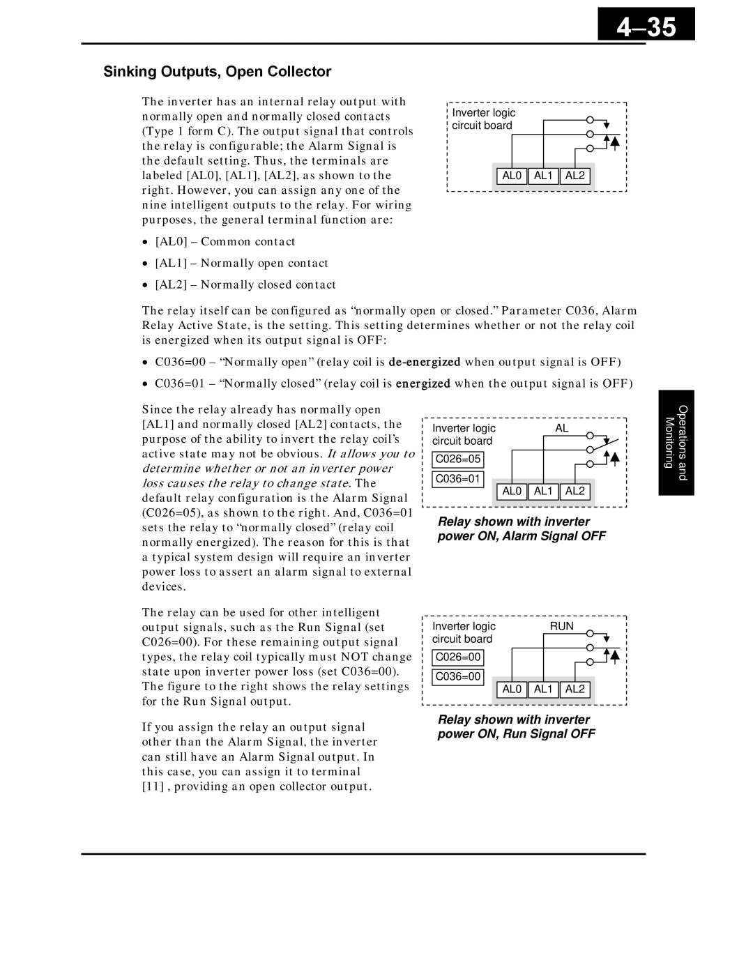 Hitachi X200 Series instruction manual Relay shown with inverter power ON, Run Signal OFF 