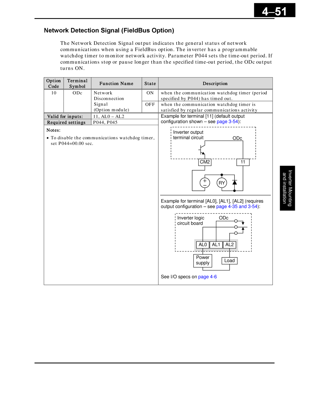 Hitachi X200 Series instruction manual Network Detection Signal FieldBus Option, Set P044=00.00 sec 