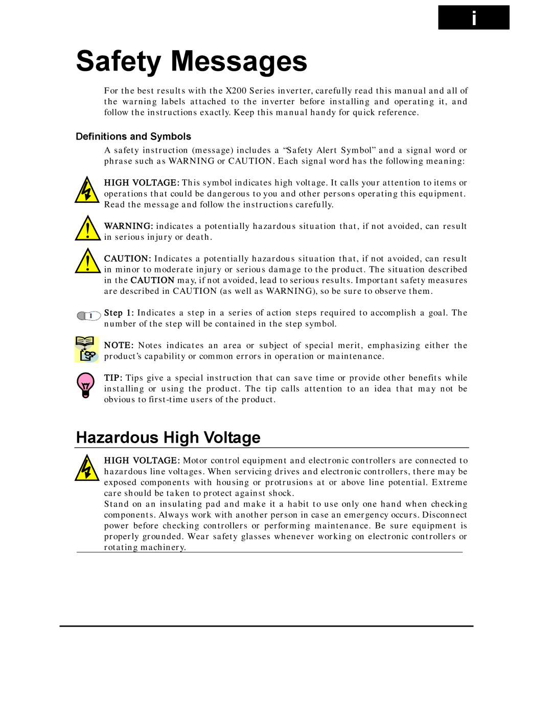 Hitachi X200 Series instruction manual Safety Messages, Hazardous High Voltage 