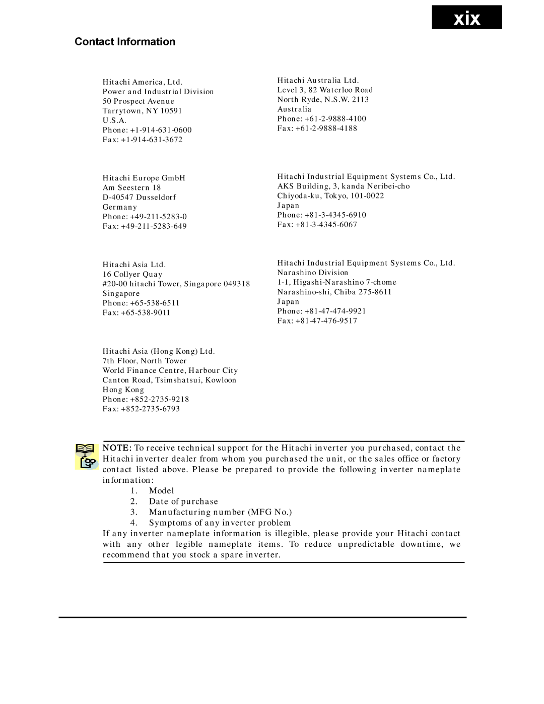 Hitachi X200 Series instruction manual Xix, Contact Information 