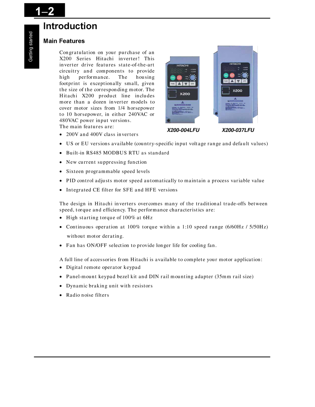 Hitachi X200 Series instruction manual Introduction, Main Features 