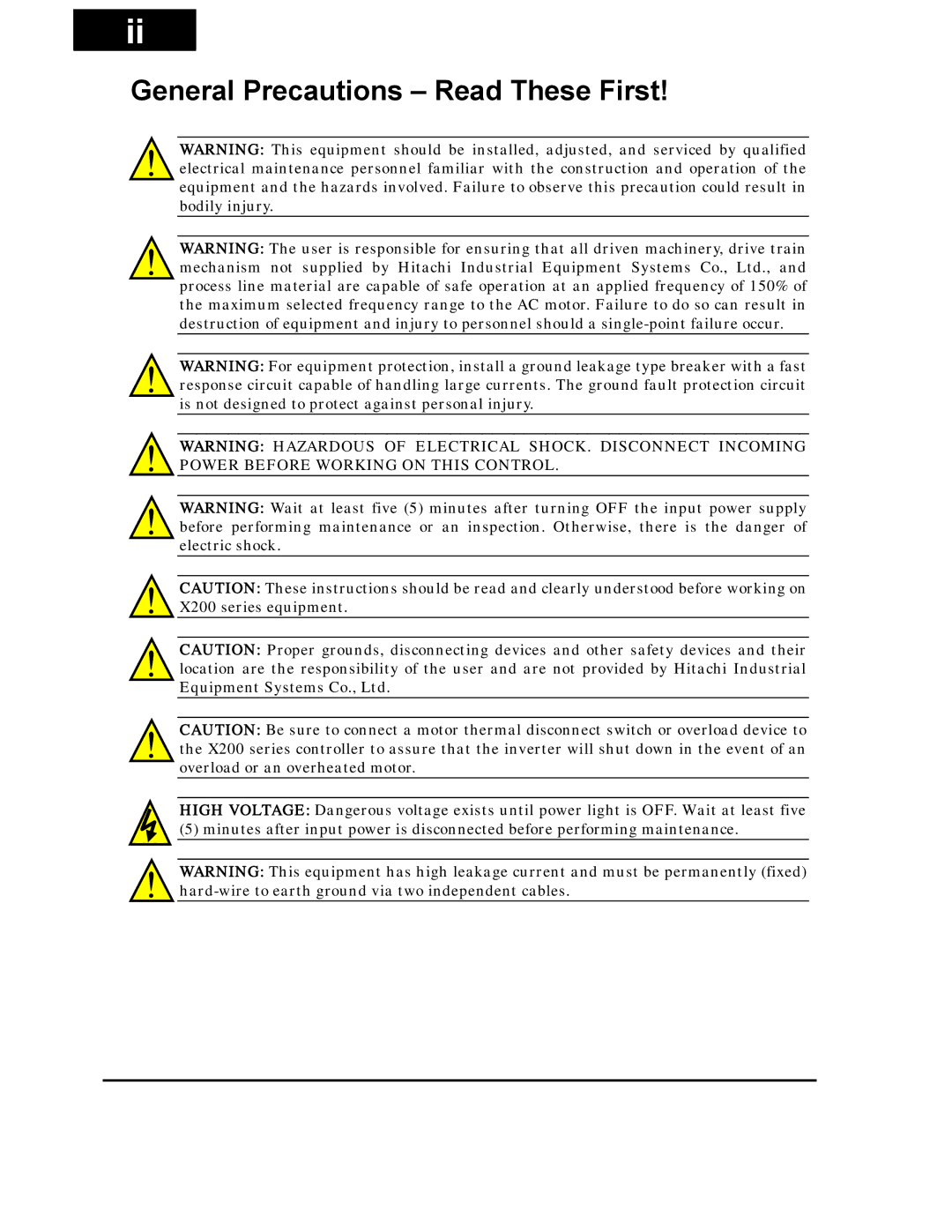 Hitachi X200 Series instruction manual General Precautions Read These First 