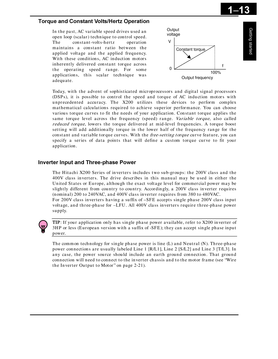 Hitachi X200 Series instruction manual 13, Torque and Constant Volts/Hertz Operation, Inverter Input and Three-phase Power 