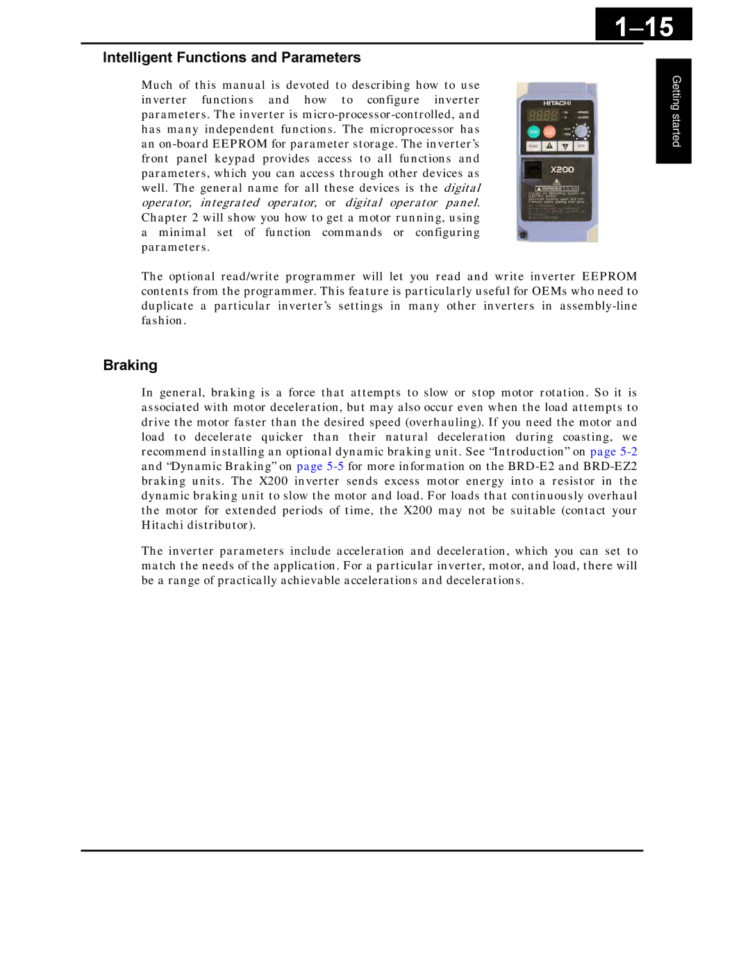 Hitachi X200 Series instruction manual 15, Intelligent Functions and Parameters, Braking 