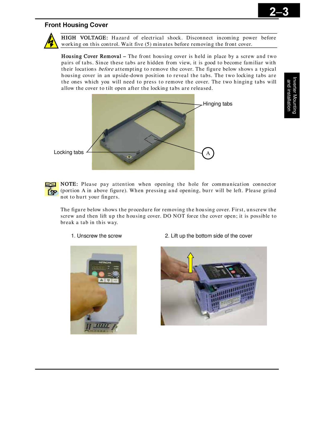 Hitachi X200 Series instruction manual Front Housing Cover 