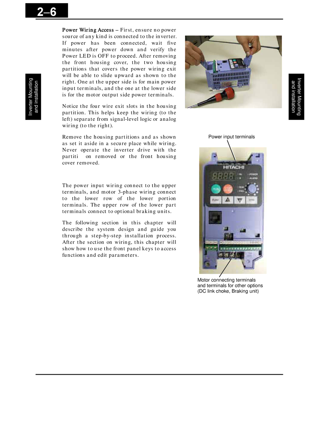 Hitachi X200 Series instruction manual Power Wiring Access First, ensure no power 